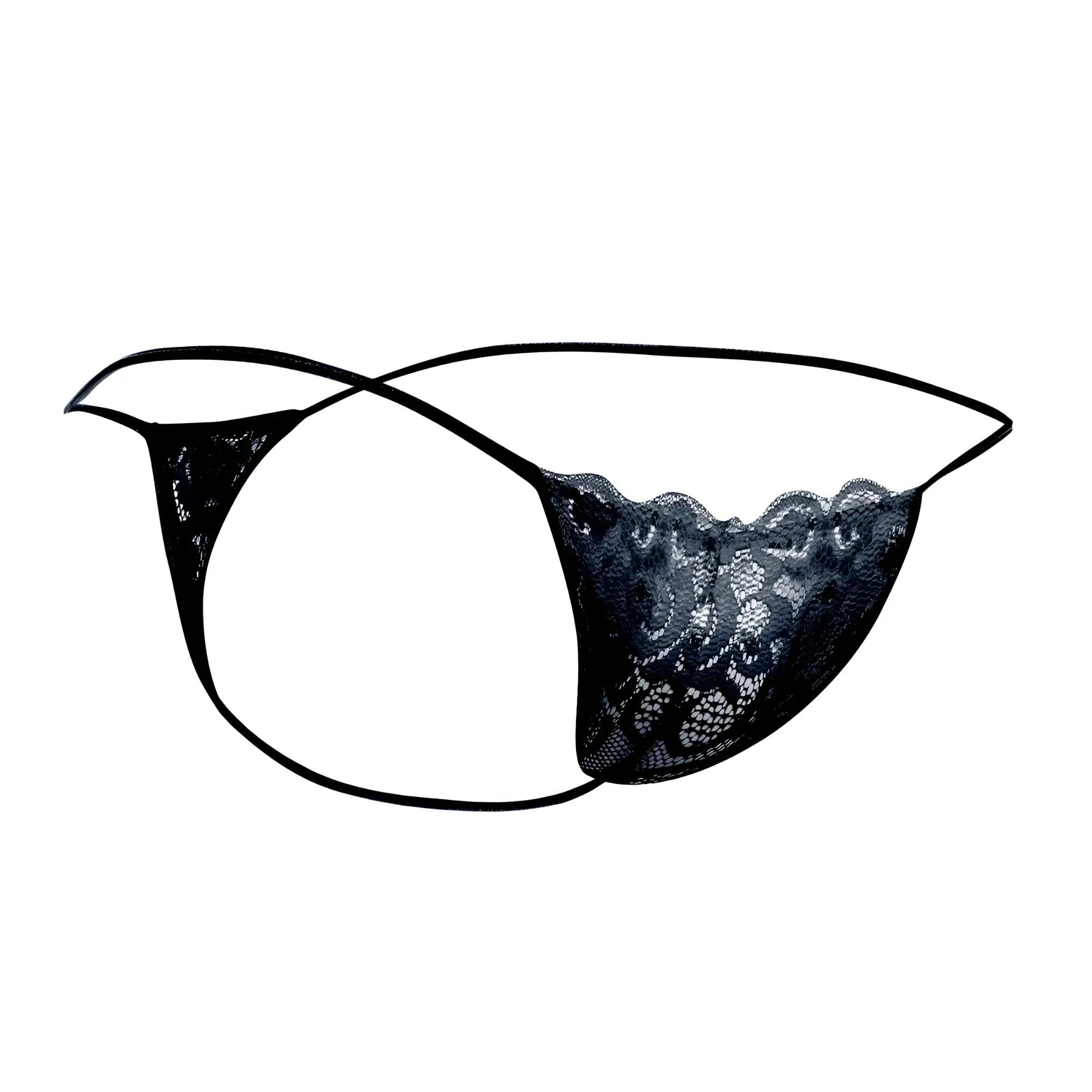 MOB men’s lace thong in black featuring delicate floral patterns and thin adjustable straps