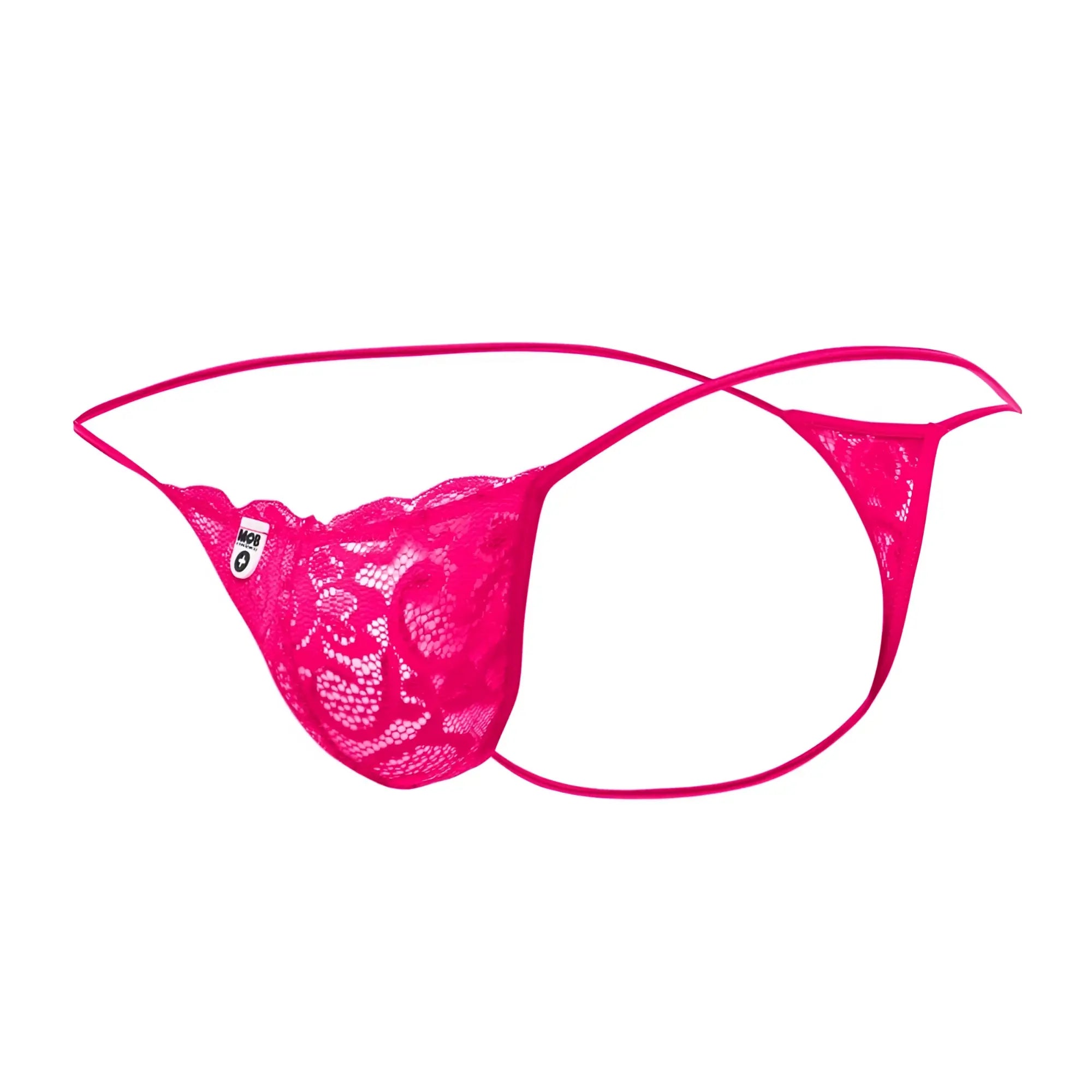 MOB men’s lace thong in bright pink with a delicate floral pattern and thin matching elastic straps
