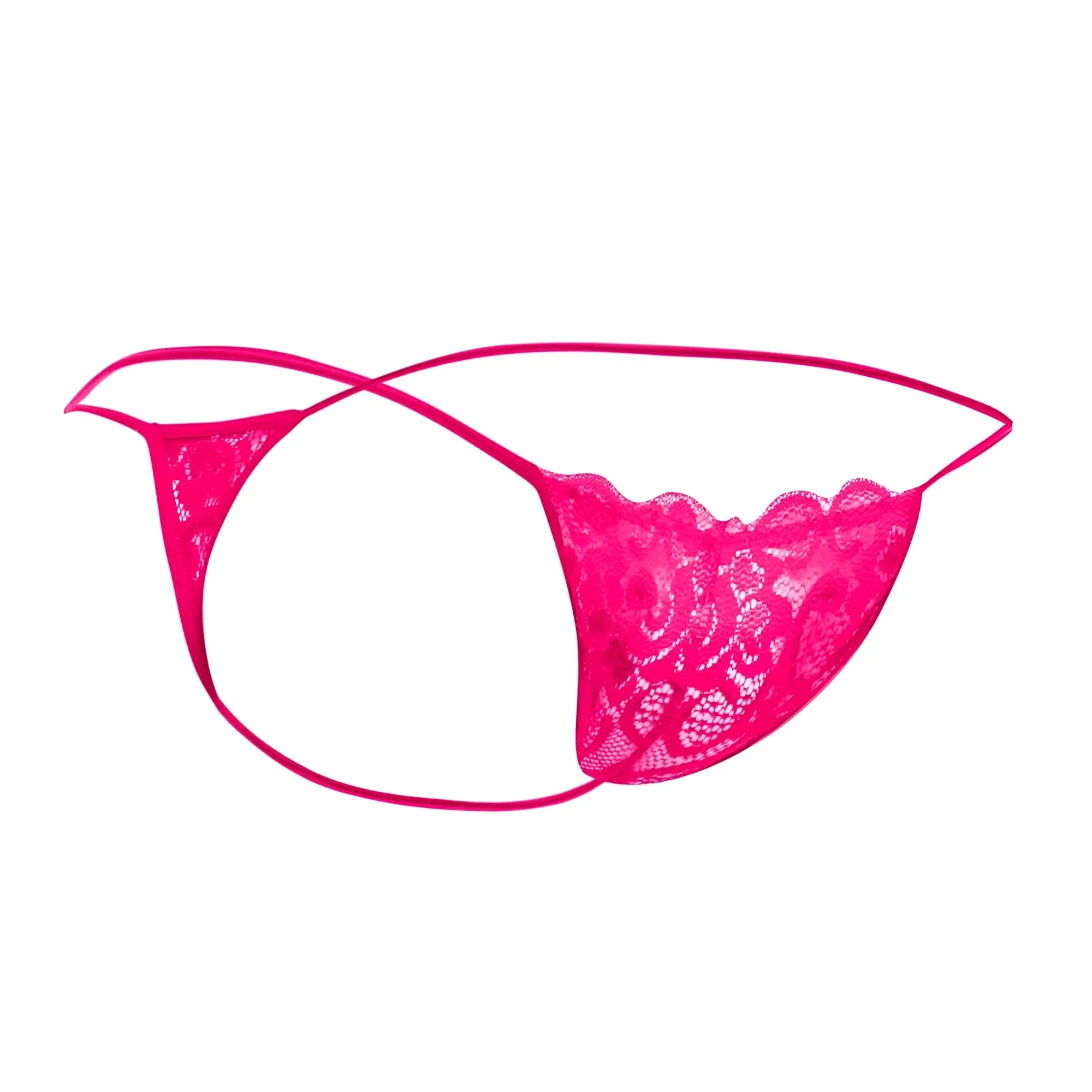 Bright pink MOB men’s lace thong with scalloped edge and thin matching elastic straps
