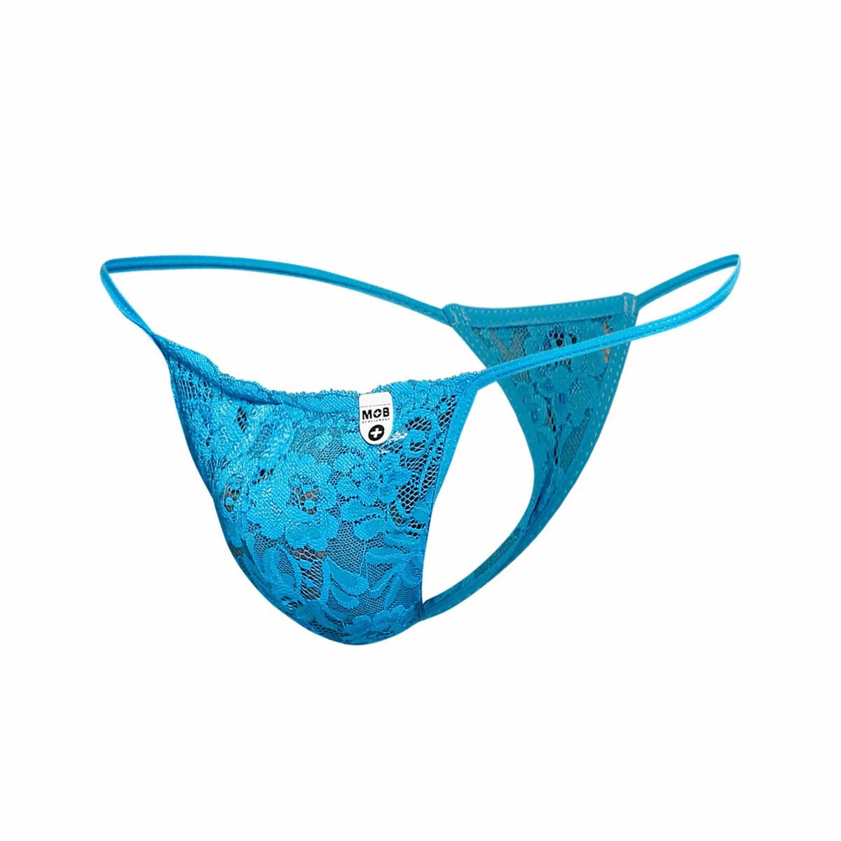 A vibrant blue lace thong with delicate floral patterns and thin elastic straps from MOB men’s lace thong