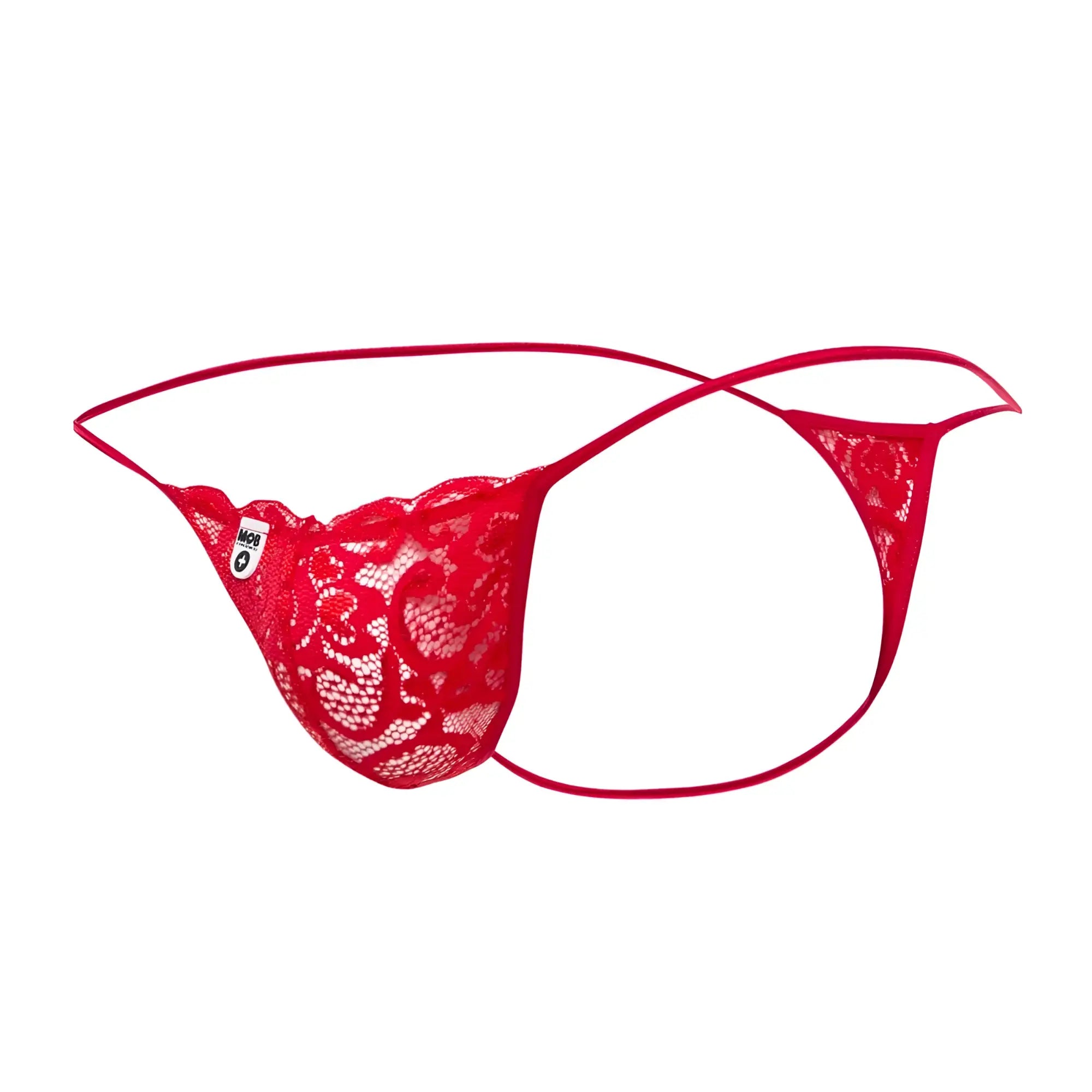 Red lace thong from mob mens lace thong featuring intricate floral patterns and thin matching elastic straps