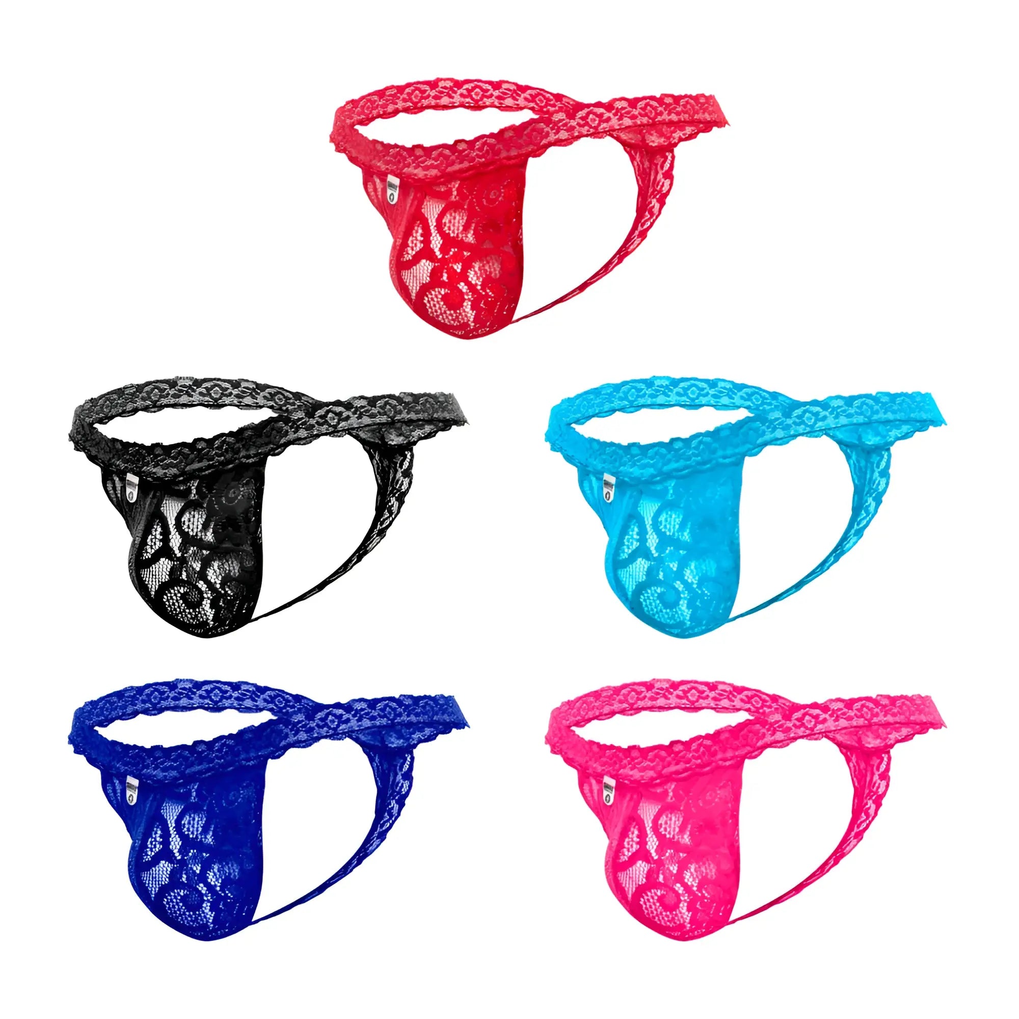 Red lace thong with intricate floral pattern and sheer mesh fabric from mob men’s lace waist thong collection