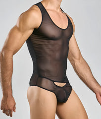 MOB men’s sexy all over sheer body black one-piece mesh bodysuit with scoop neckline and waist cutout detail