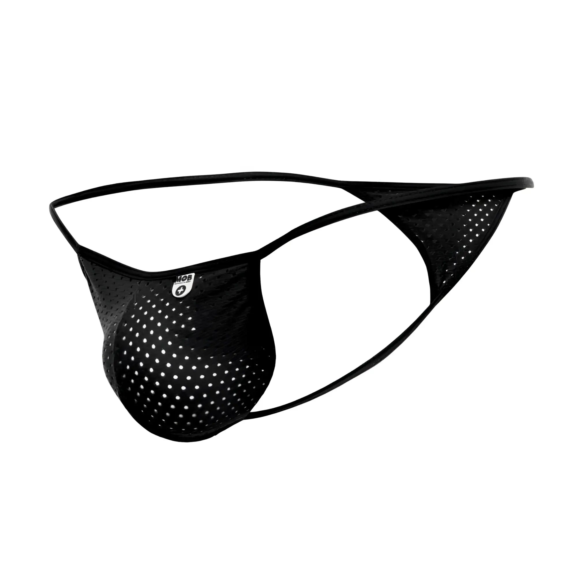 Black mesh microfiber thong with sleek form-fitting design and reinforced elastic waistband from MOB mens sexy microstring