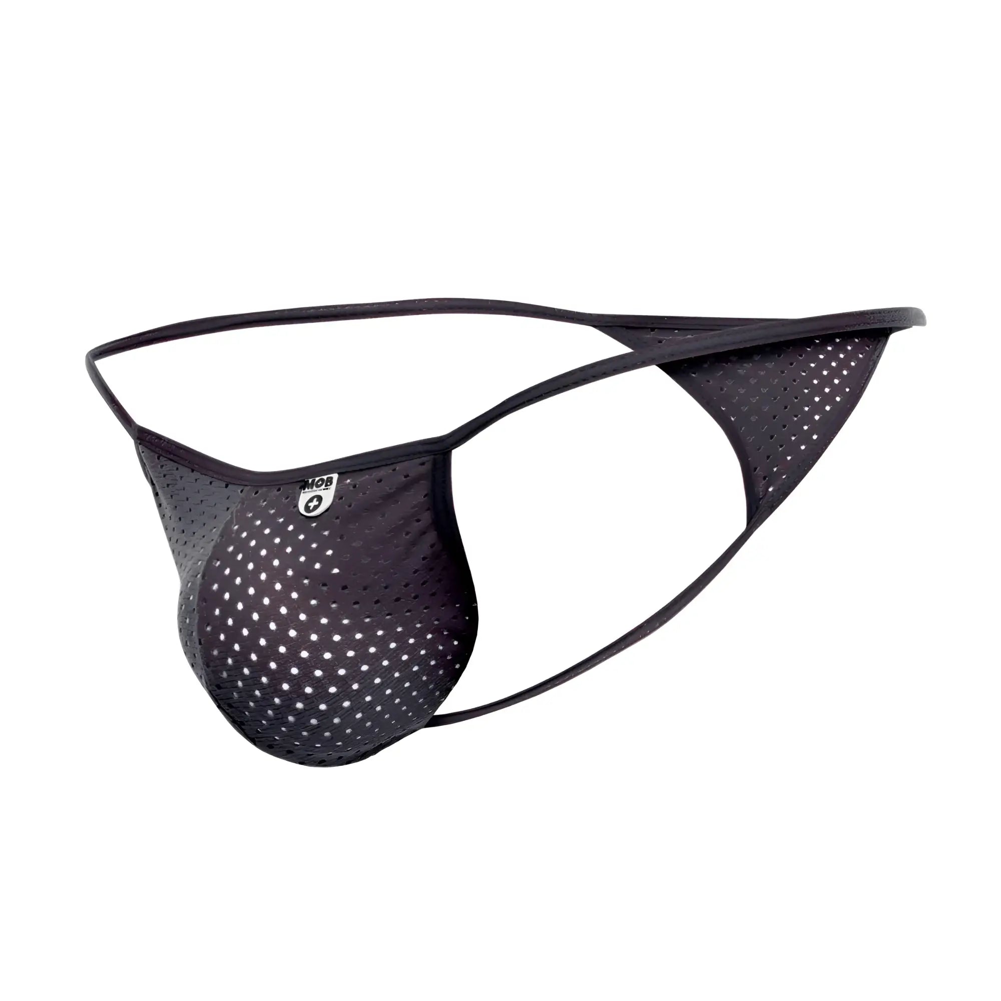 Mob men’s sexy microfiber g-string black mesh thong with white perforations and small mob logo on front