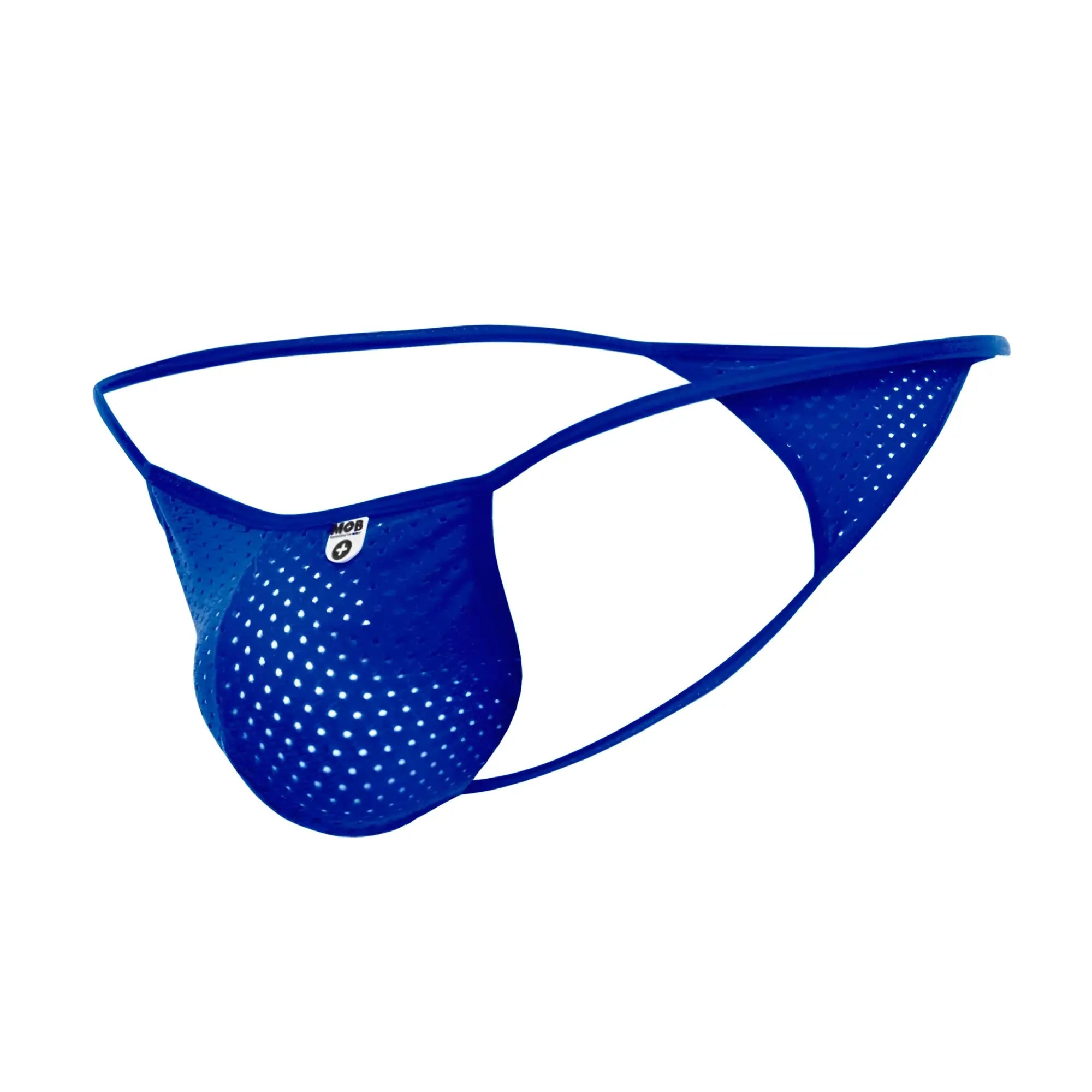 Blue mesh microfiber thong with perforated design and small logo on the side from MOB mens sexy microfibre g-string