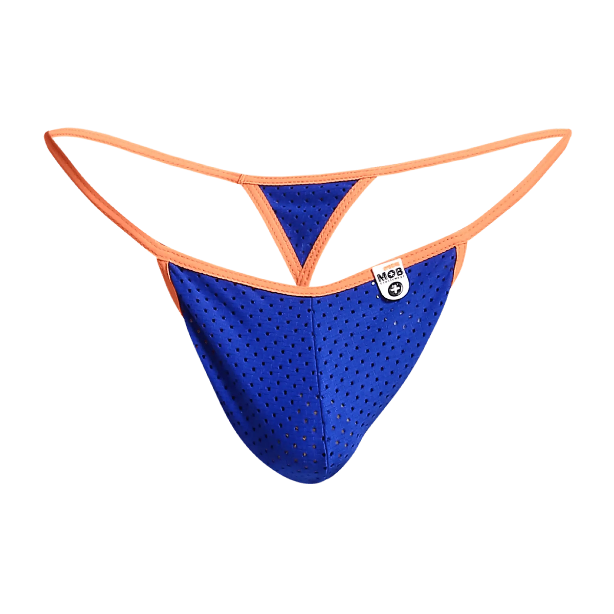 MOB men’s sexy microfiber g-string in blue perforated mesh with orange trim and a small white brand tag