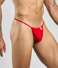 Mob men’s sexy microfiber g-string in red mesh thong with thin straps and small white label on front