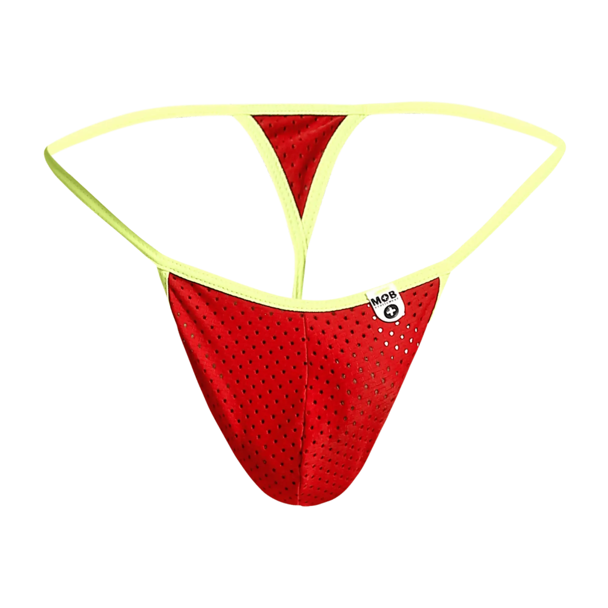 MOB men’s sexy microfiber G-string red perforated mesh thong with neon yellow trim and small white brand tag