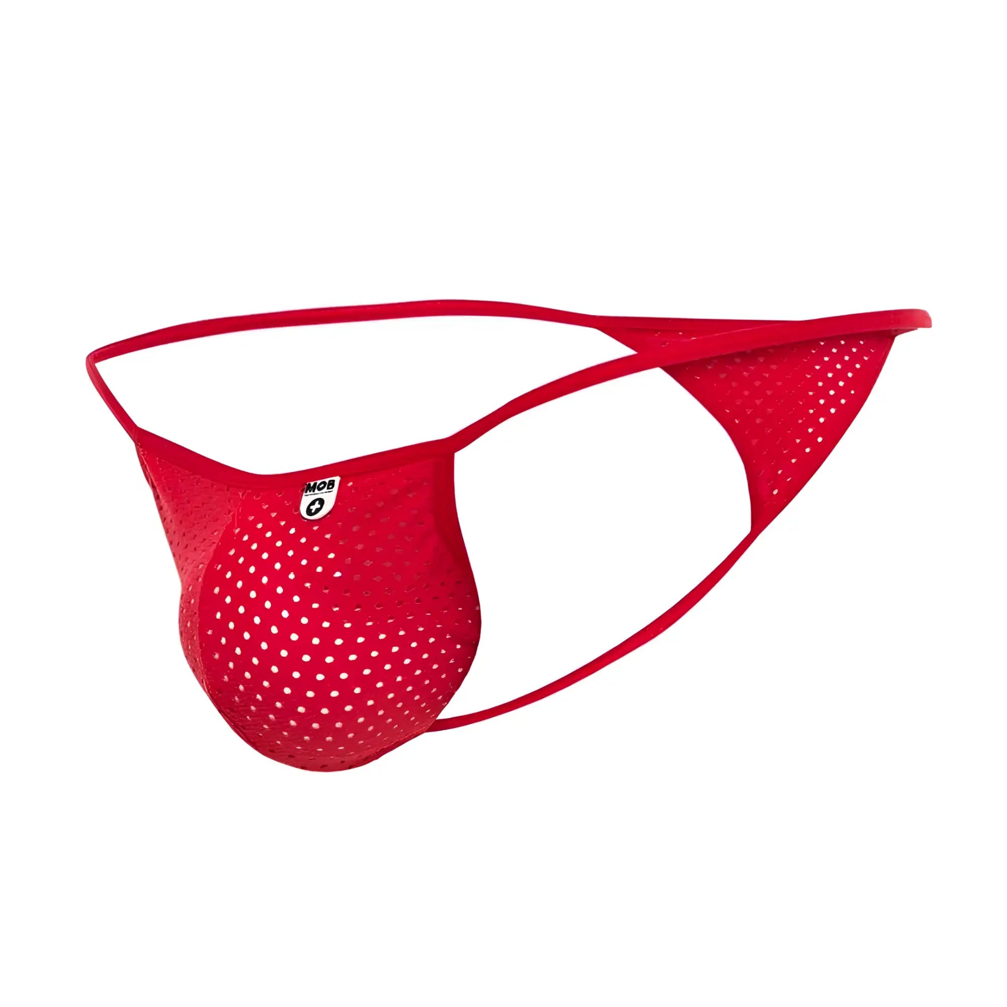 Mob men’s sexy microfiber g-string in red perforated mesh thong with a small white logo on the front