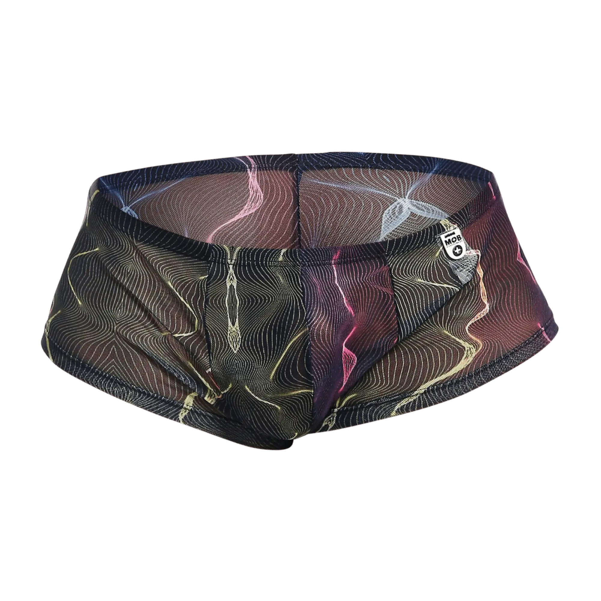 MOB men’s sexy sheer hip brief black mesh swim trunks with neon pink and gold abstract wave pattern