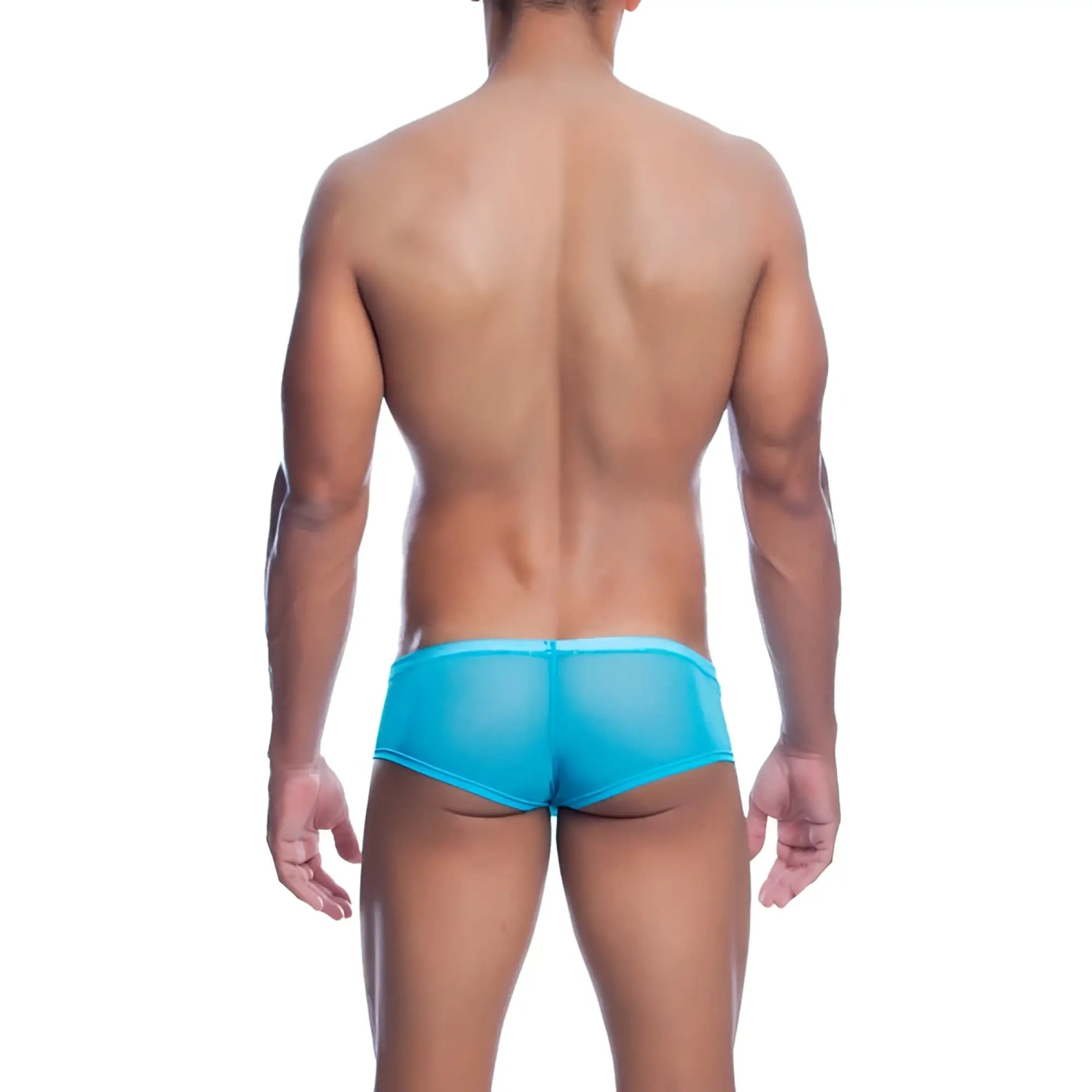 Mob men’s sexy sheer hip brief in bright turquoise sheer fabric designed for a bold and breathable fit
