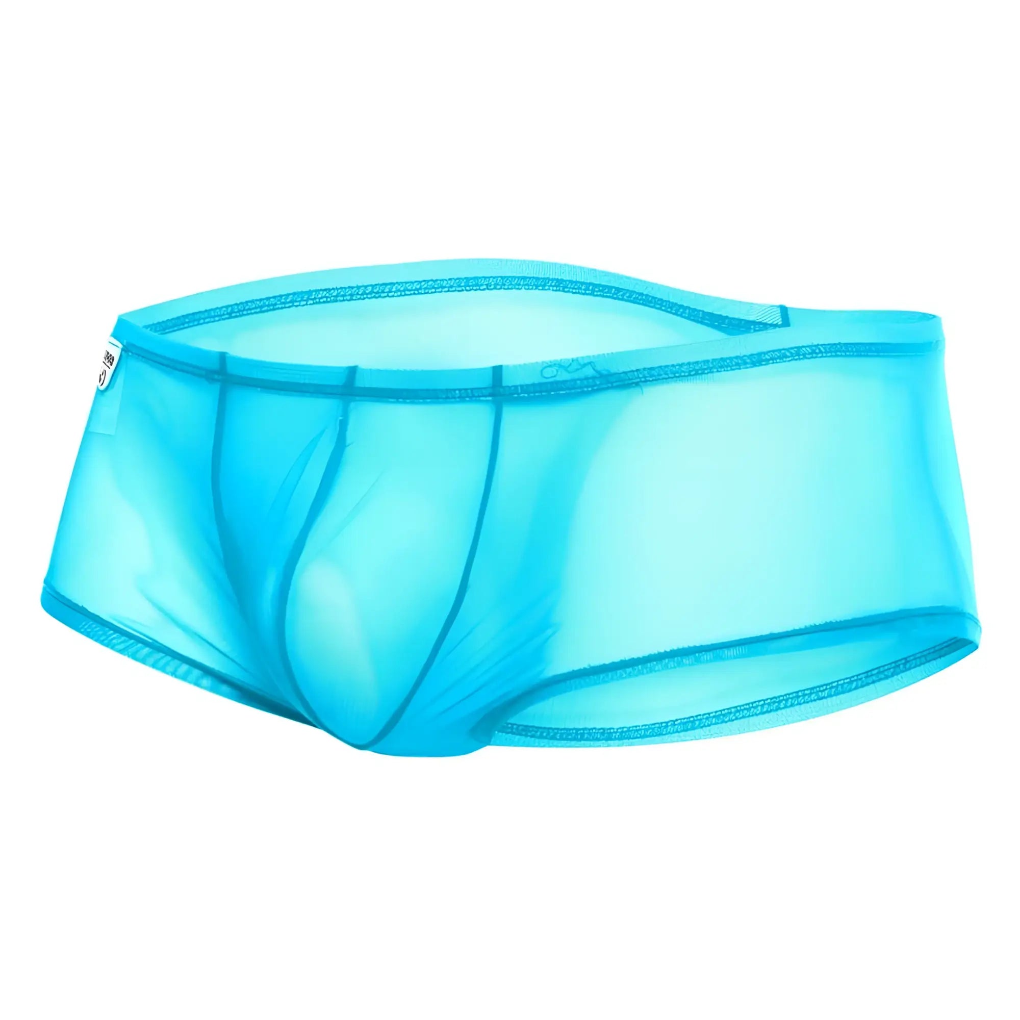 MOB men’s sexy sheer hip brief in bright turquoise mesh with a sleek, form-fitting design