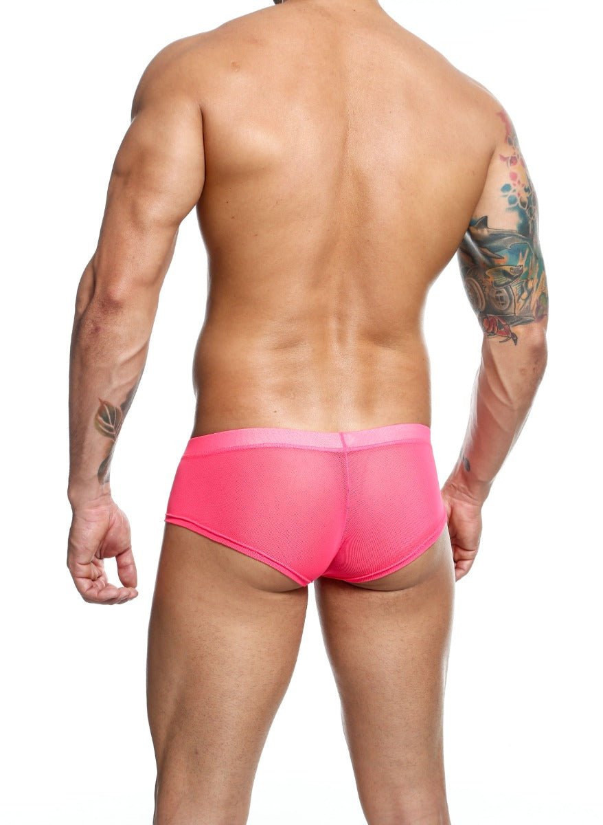 Mob men’s sexy sheer hip brief in bright pink mesh with a solid pink waistband for a bold look