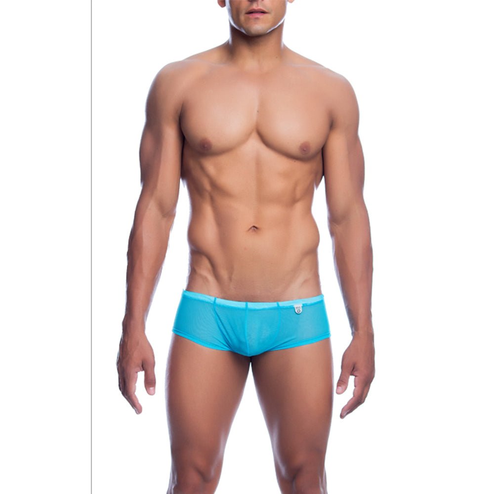 Mob men’s sexy sheer hip brief in bright turquoise mesh with subtle logo on the waistband visible from front view