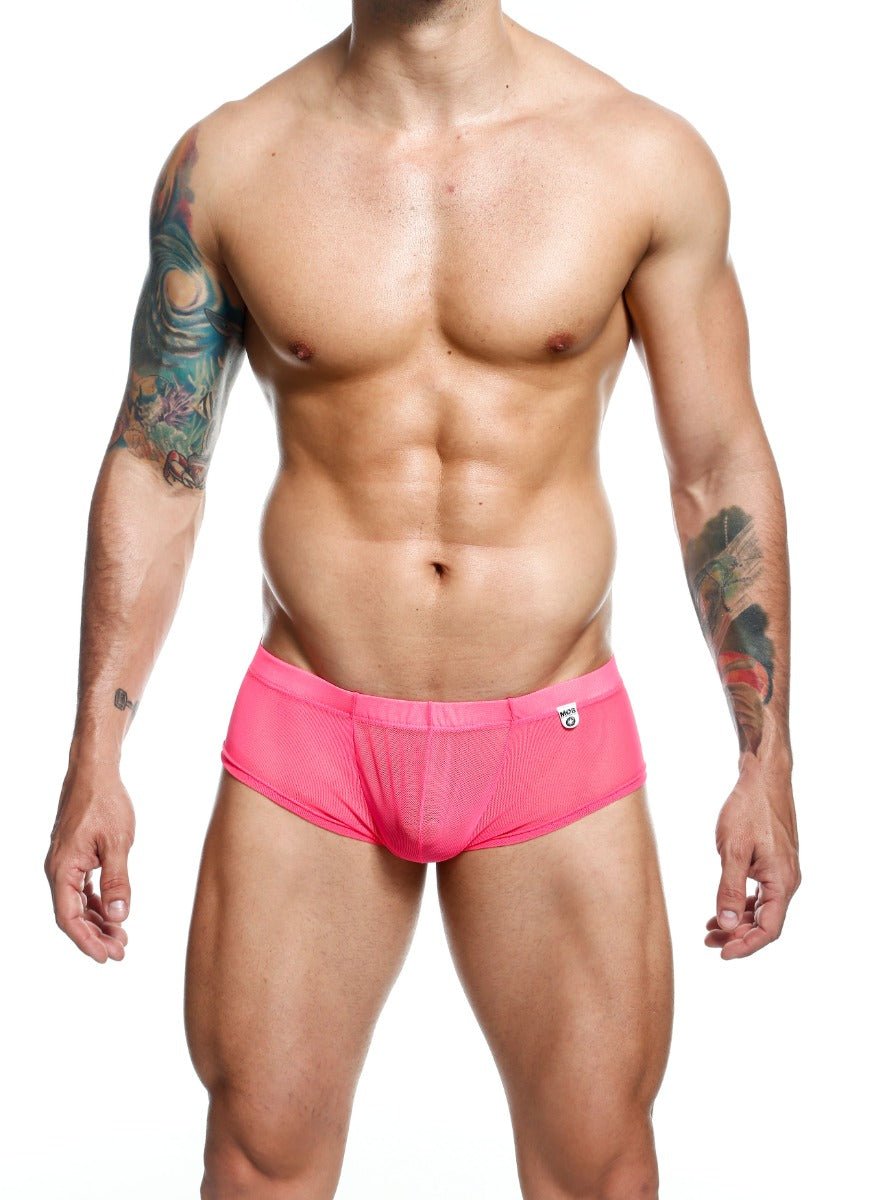 MOB men’s sexy sheer hip brief bright pink mesh swim trunks with snug fit and small logo on waistband
