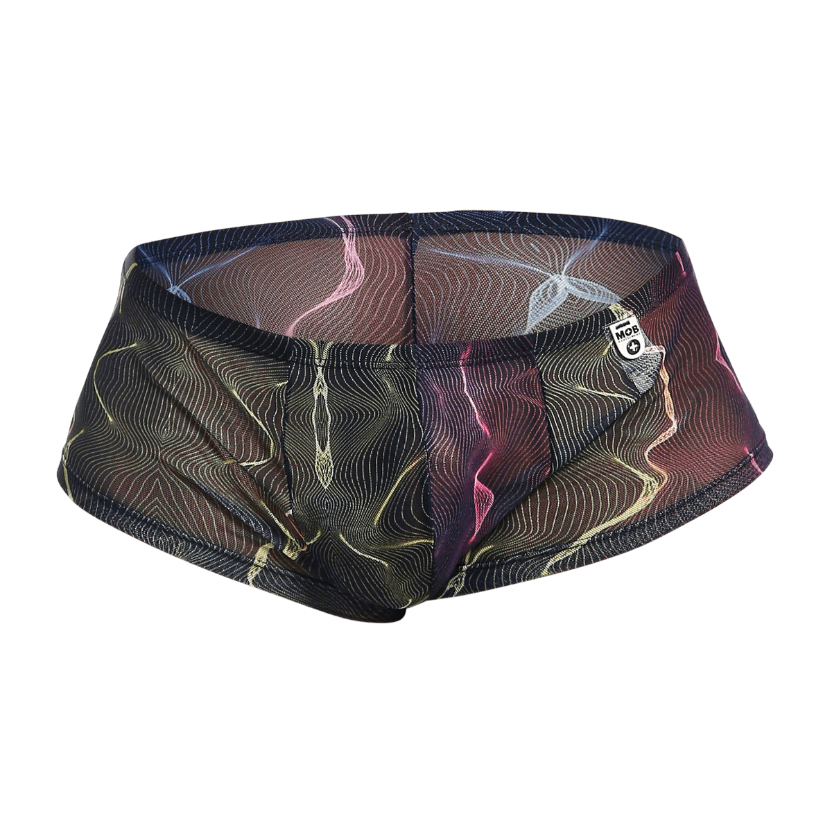 Mob men’s sexy sheer hip brief black mesh swim trunks with neon pink and gold abstract wave pattern