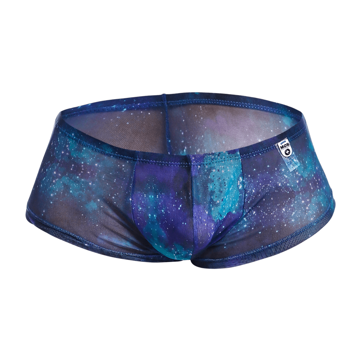 Mob men’s sexy sheer hip brief in blue and purple galaxy-patterned mesh with a translucent design