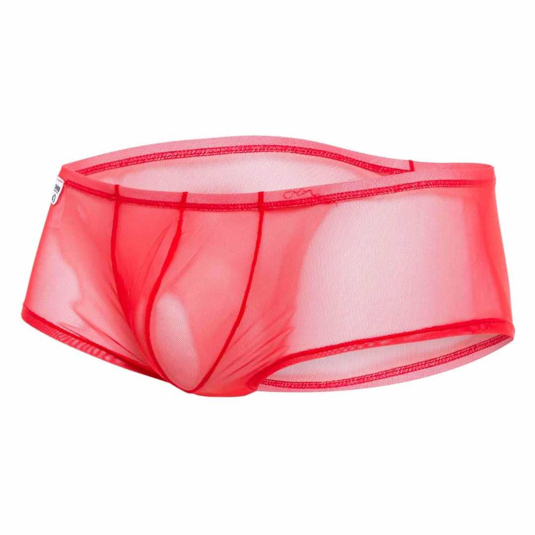 Mob men’s sexy sheer hip brief in red sheer mesh with reinforced red stitching along the edges