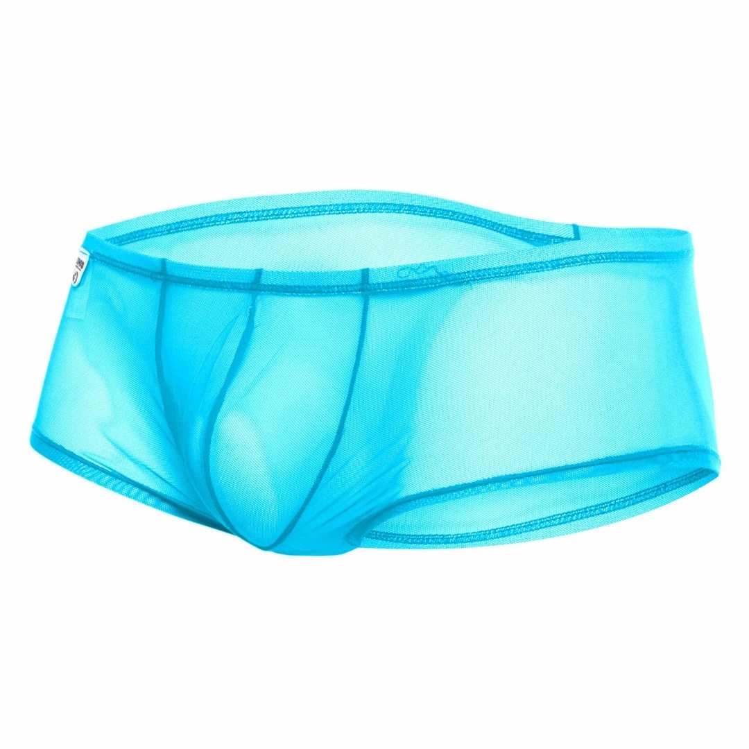Bright turquoise mesh briefs from MOB men’s sexy sheer hip brief featuring a sleek form-fitting design