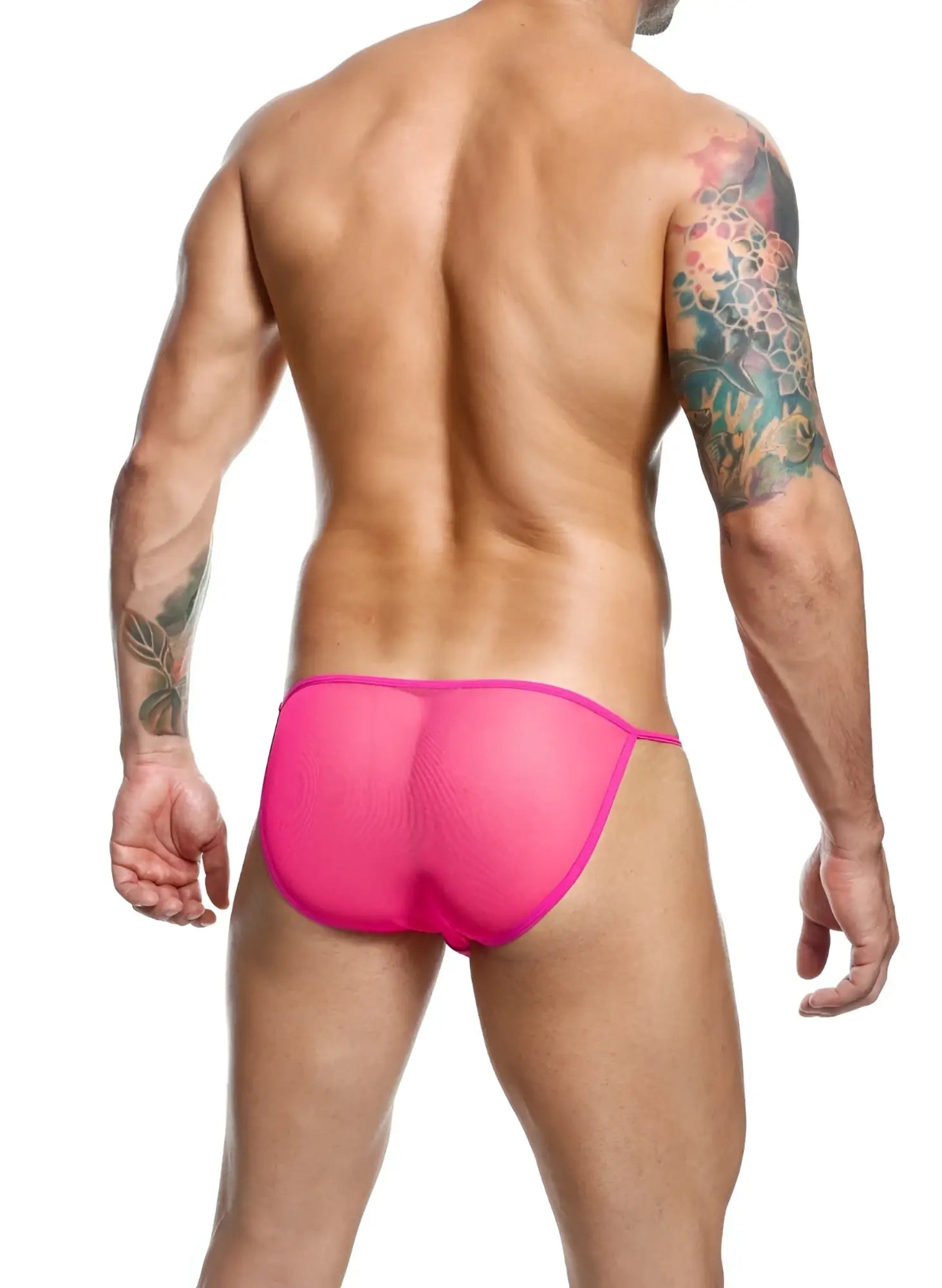Bright pink mesh MOB men’s sheer bikini briefs with a snug, form-fitting design