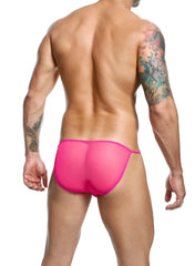 Bright pink mesh MOB men’s sheer bikini briefs with a snug, form-fitting design
