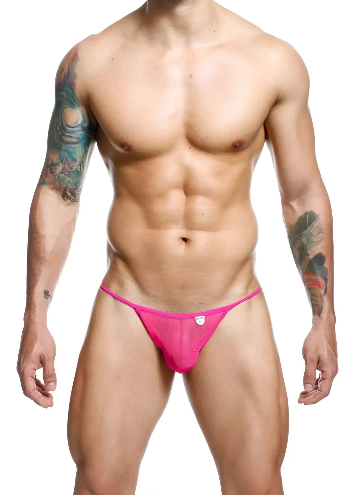 Mob men’s sheer bikini bright pink mesh thong with small white logo on the front