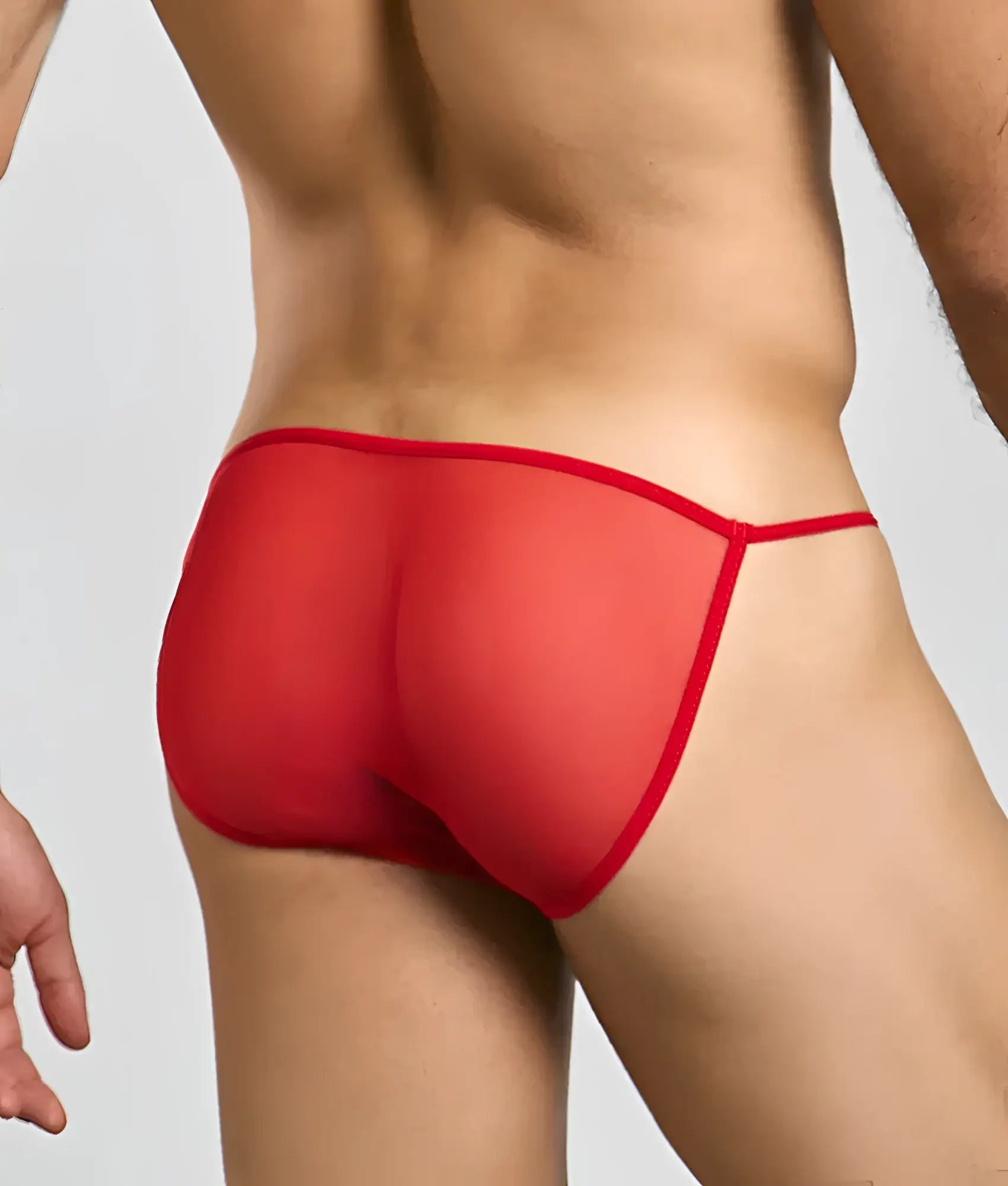 Mob men’s sheer bikini red thong with sheer mesh fabric and solid red elastic waistband and leg straps