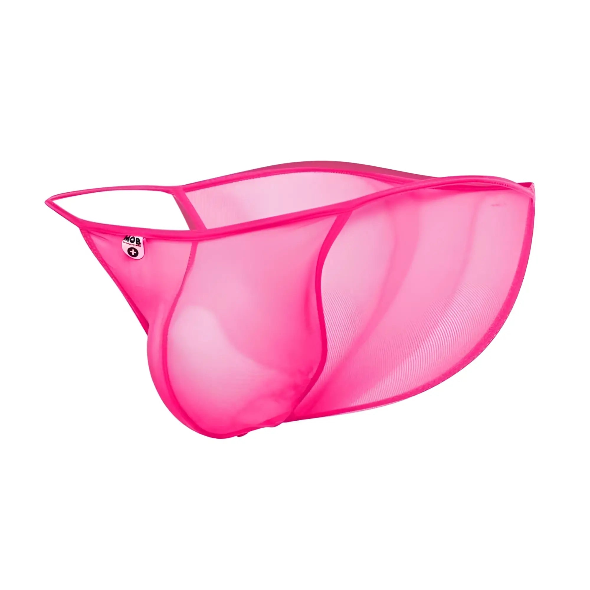 MOB men’s sheer bikini brief in vibrant pink mesh with a sleek form-fitting design and reinforced elastic edges