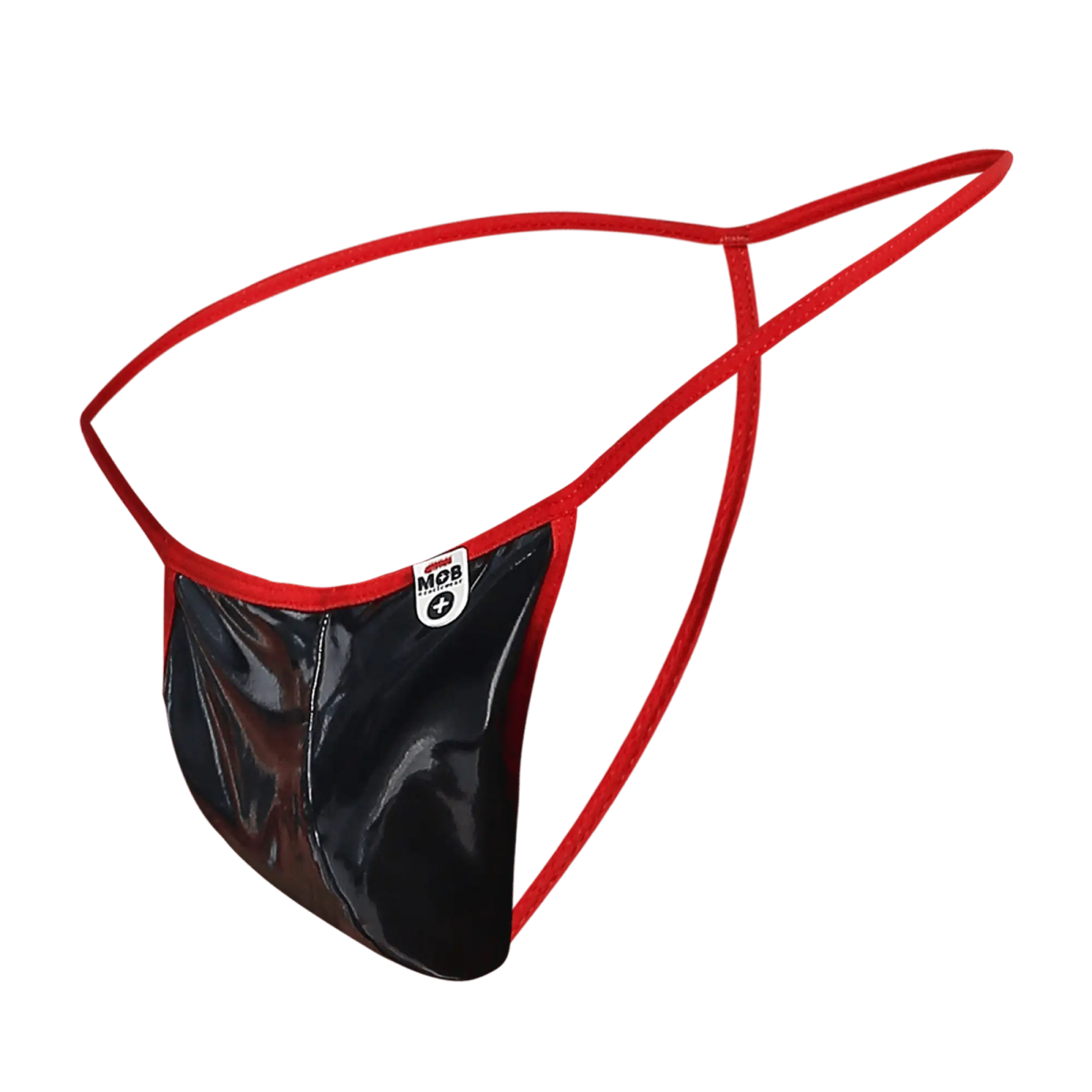 Mob mens sheer t back thong in red and black glossy latex with a small white label on the front