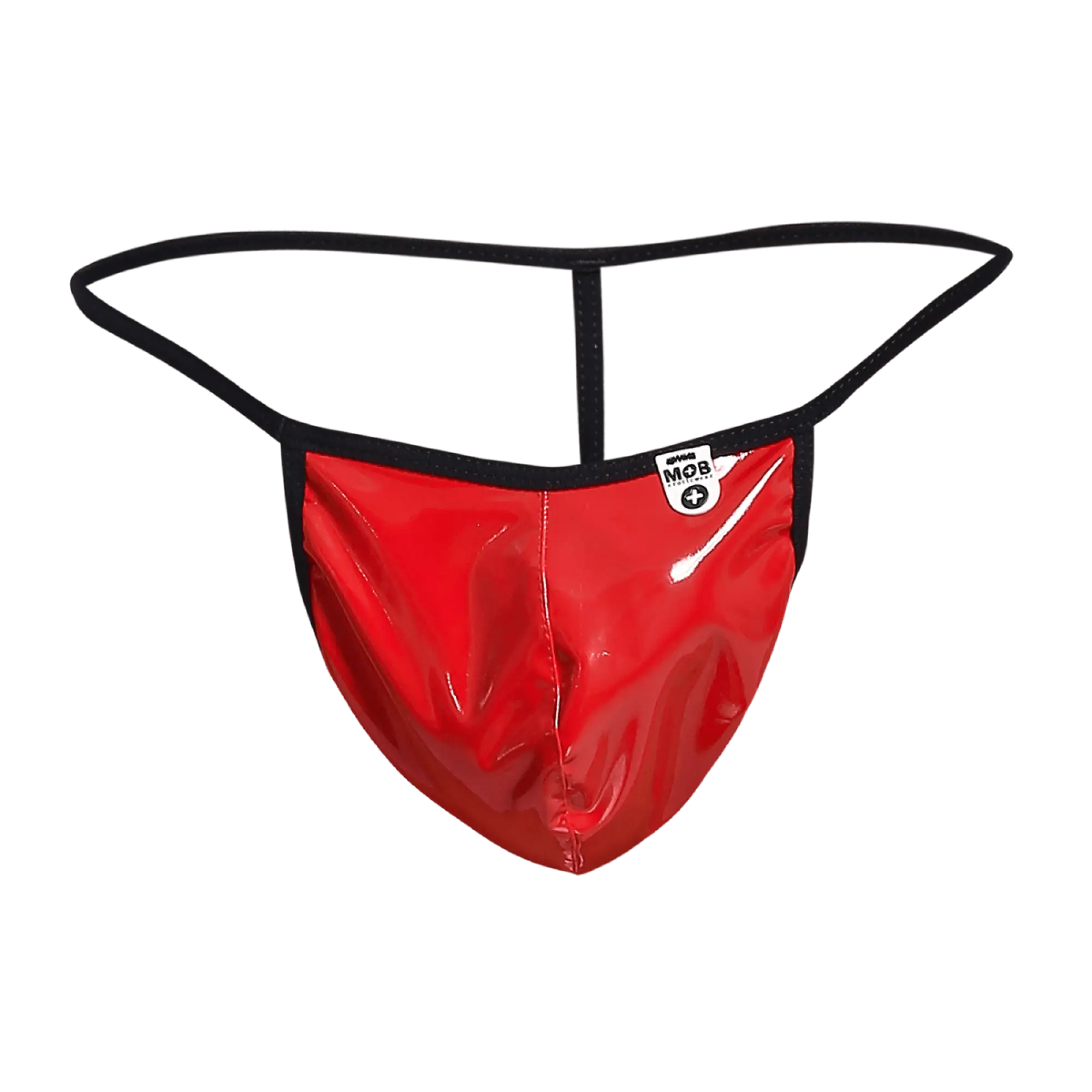 Red glossy latex thong with black elastic waistband and white logo patch showing the back side of the mob men’s sheer