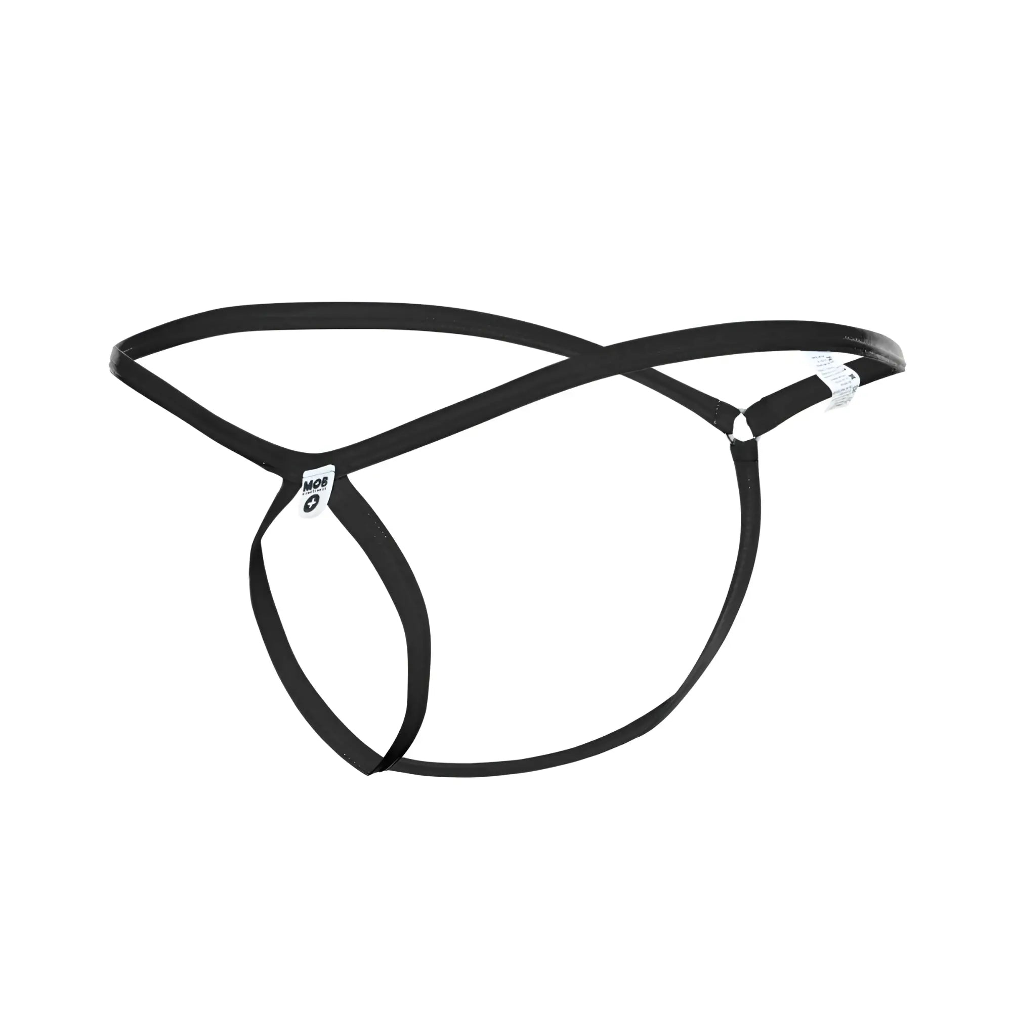 Black leather thong with minimalist design and adjustable straps shown from the back in mob mens tear drop string thong