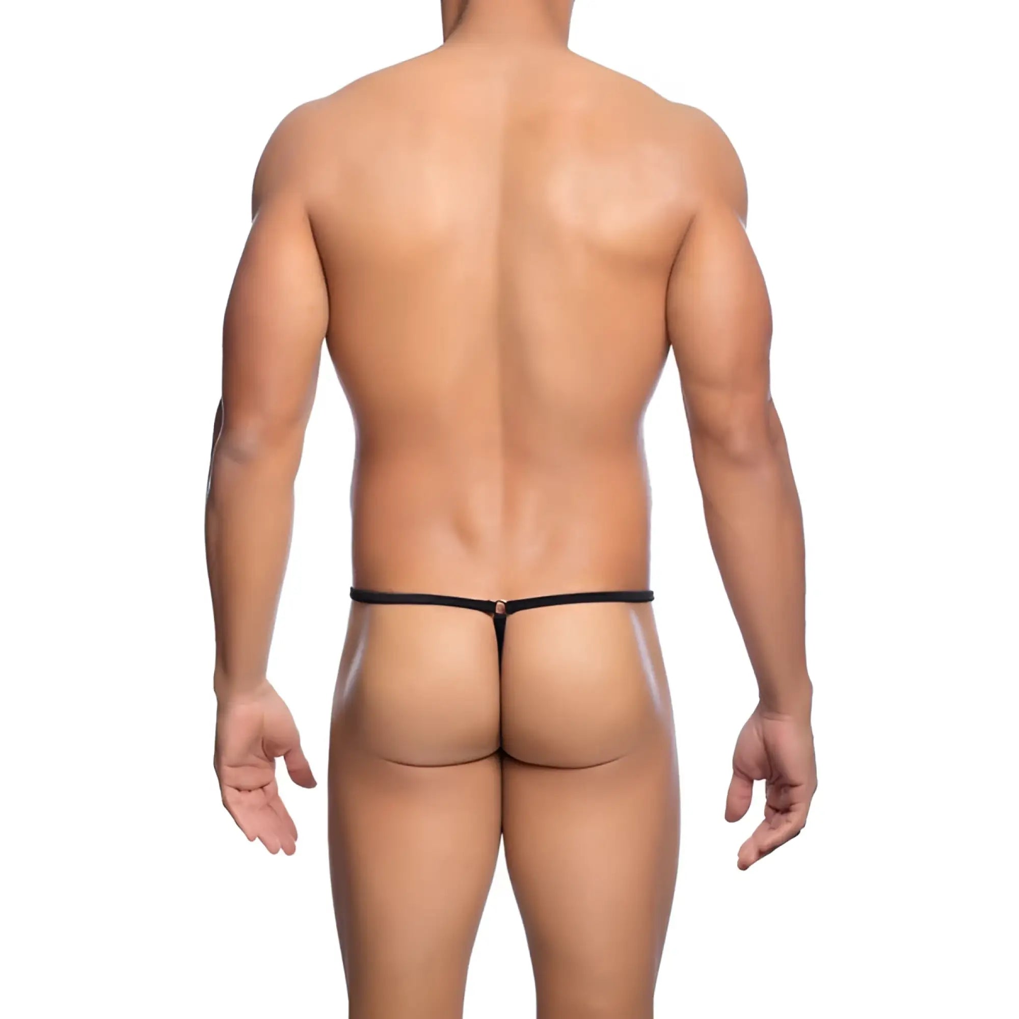 Black mob mens tear drop string thong with thin smooth elastic band and small metallic clasp at center front