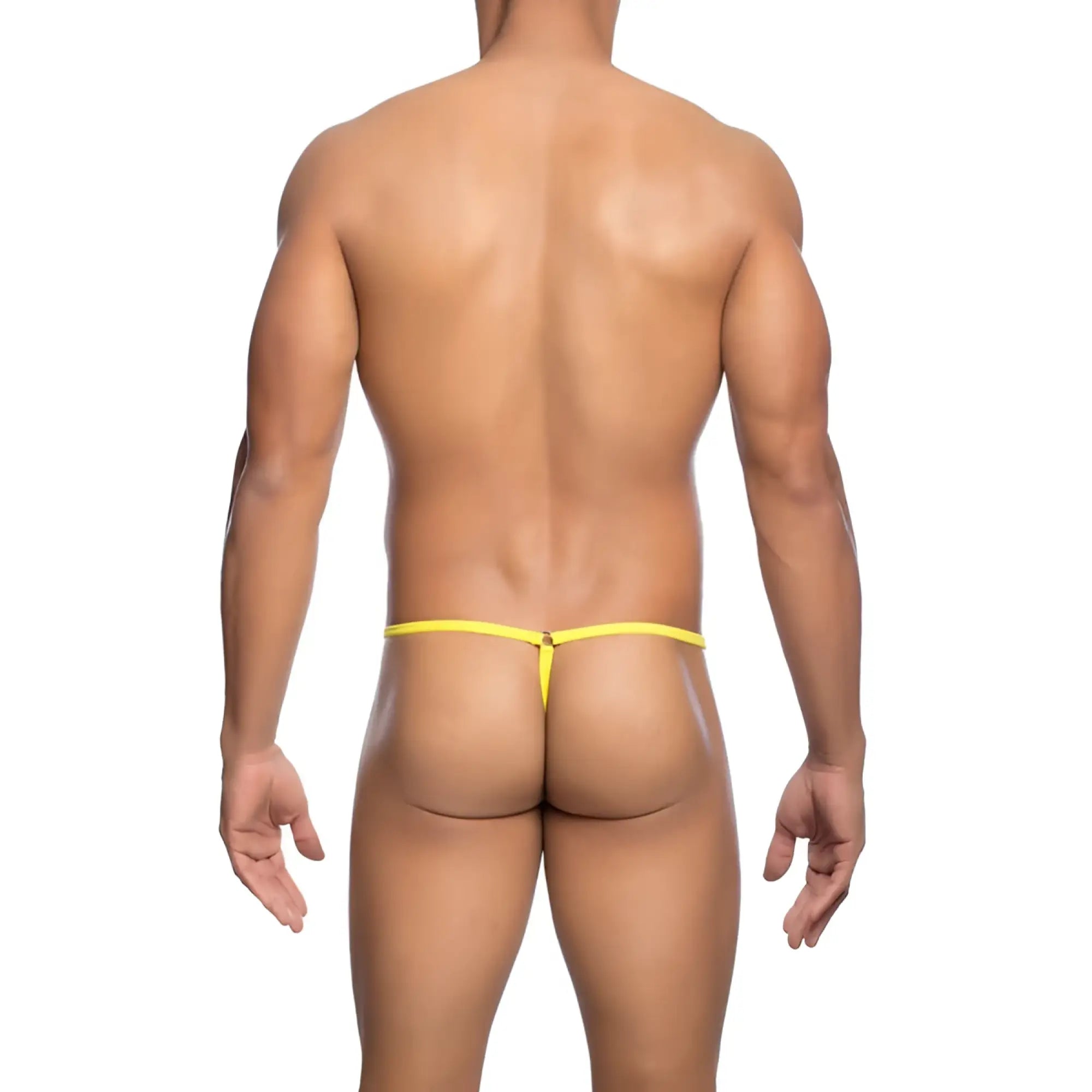 Bright yellow seamless thin thong for men by MOB featuring a tear drop string design for minimal coverage