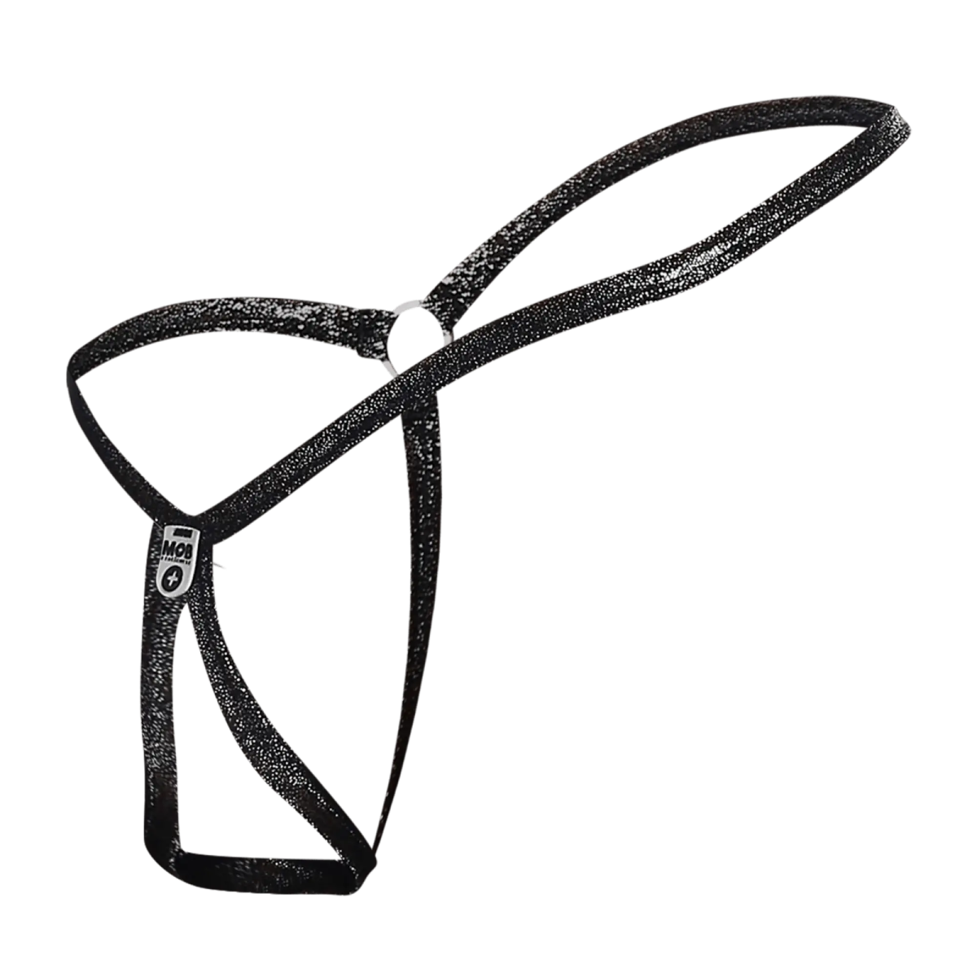 Black glittery harness with small white logo tag designed for men in a mob tear drop string thong mbl24 product