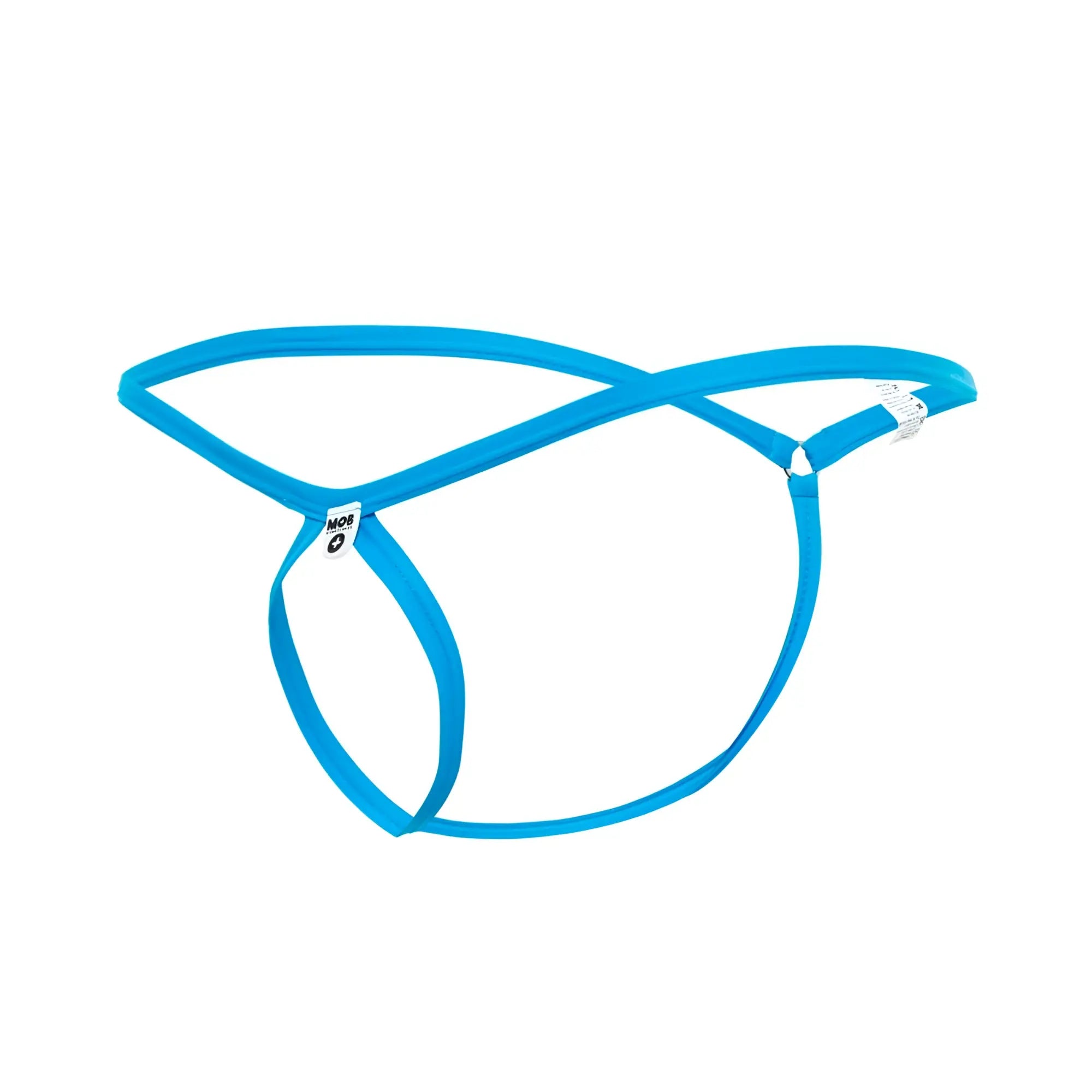 Bright blue sleek minimalist mob men’s tear drop string thong made of smooth elastic material front view