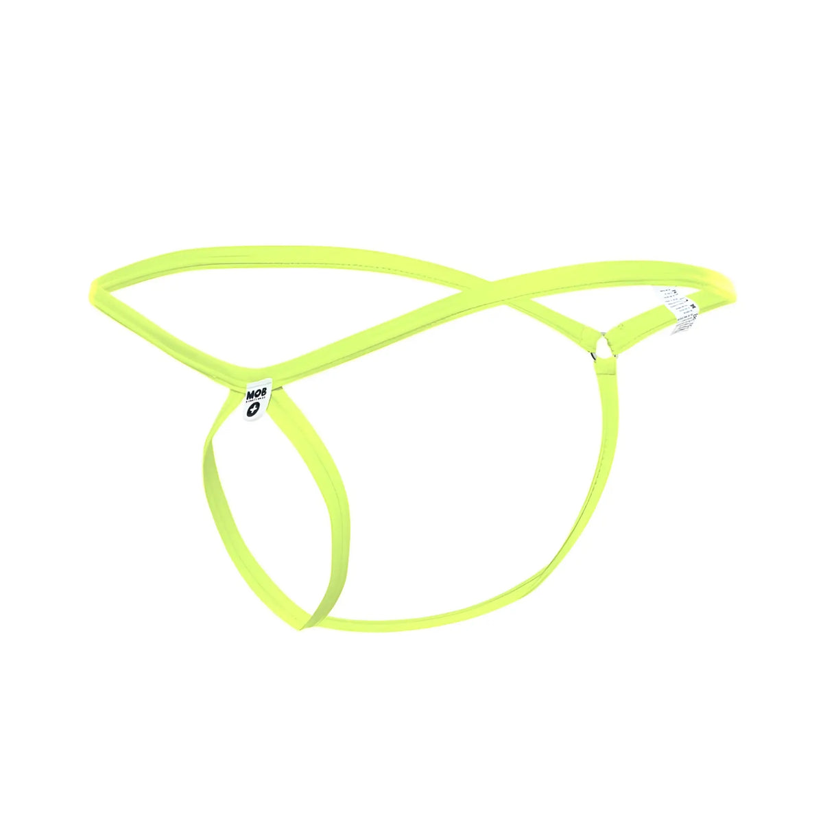 Bright neon green mob men’s tear drop string thong made of stretchy fabric with minimalist design and small brand tags