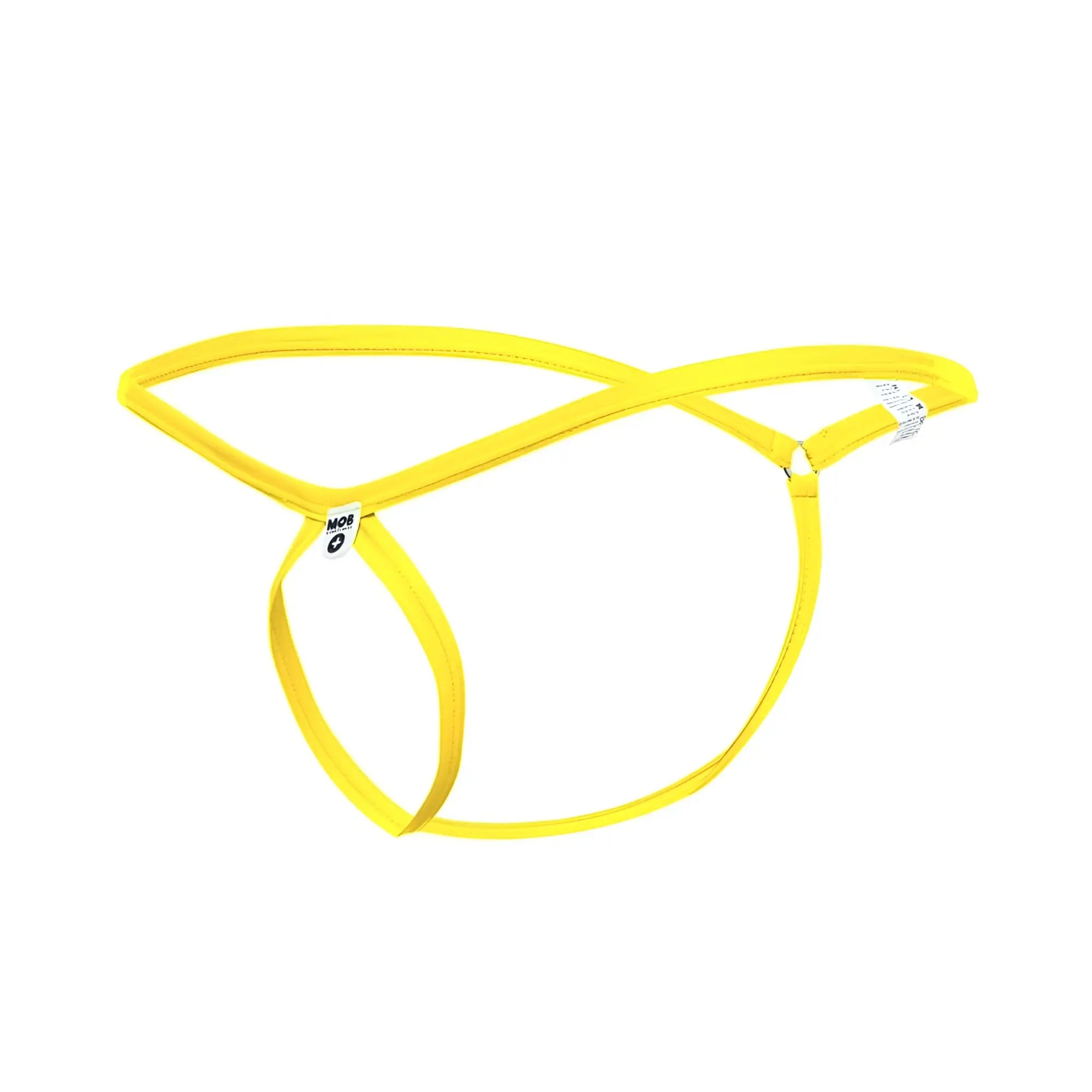 Bright yellow sleek mens thong with minimalist cross-back design and subtle branding tags from MOB tear drop string thong MBL24