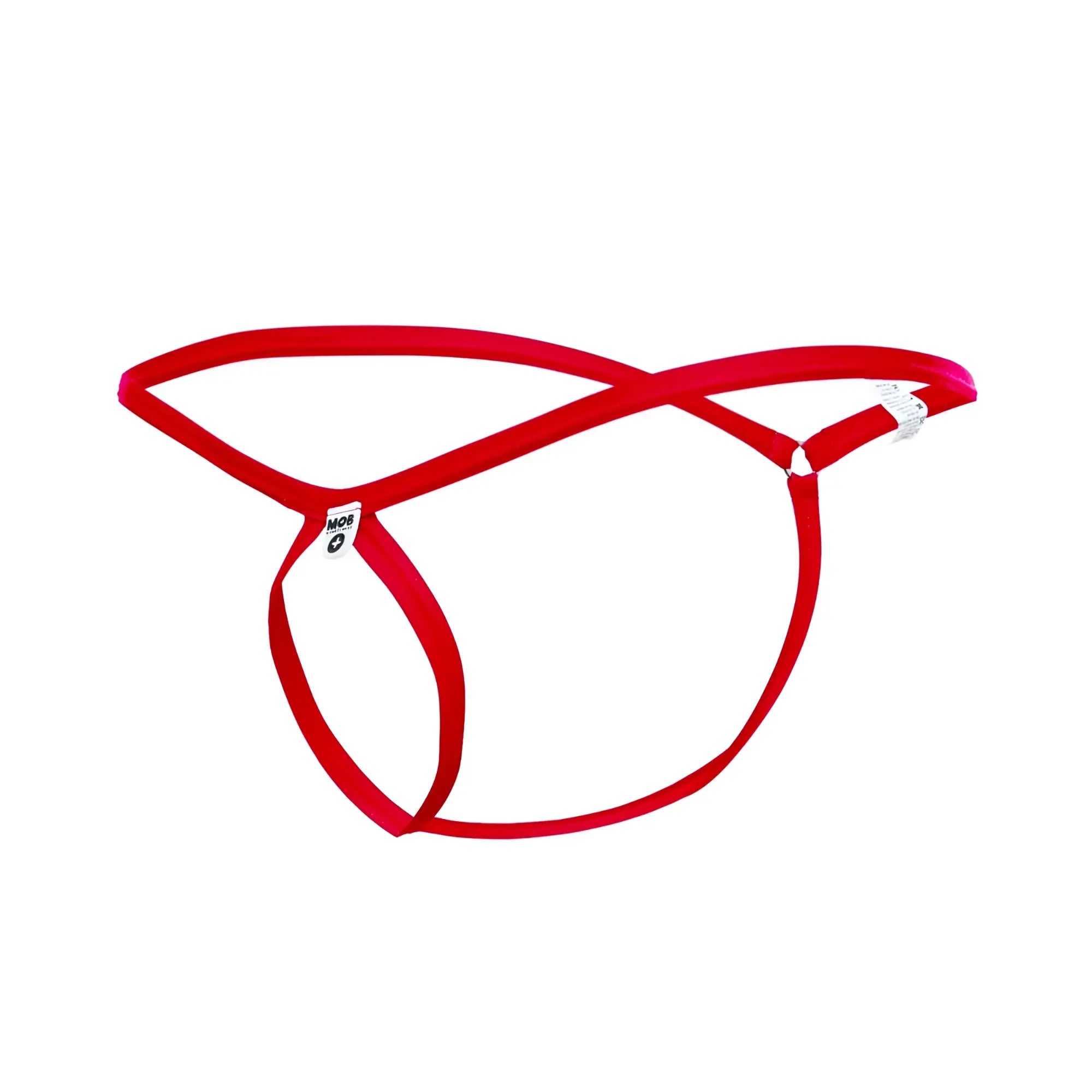 Red velvet mob men’s tear drop string thong with sleek minimalist design and thin straps shown from the back