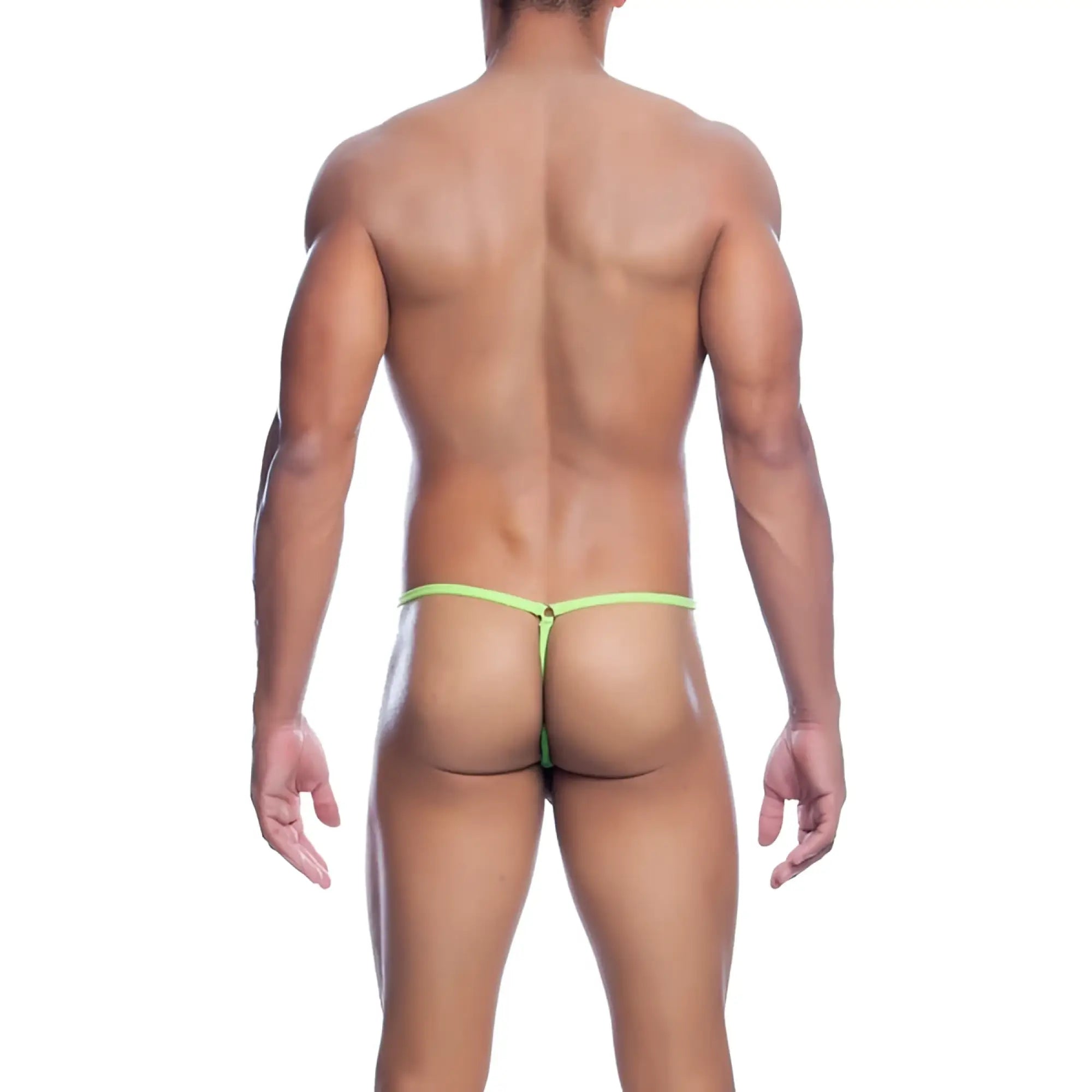 A vibrant lime green mob men’s tear drop string thong with a thin, seamless design shown from the front