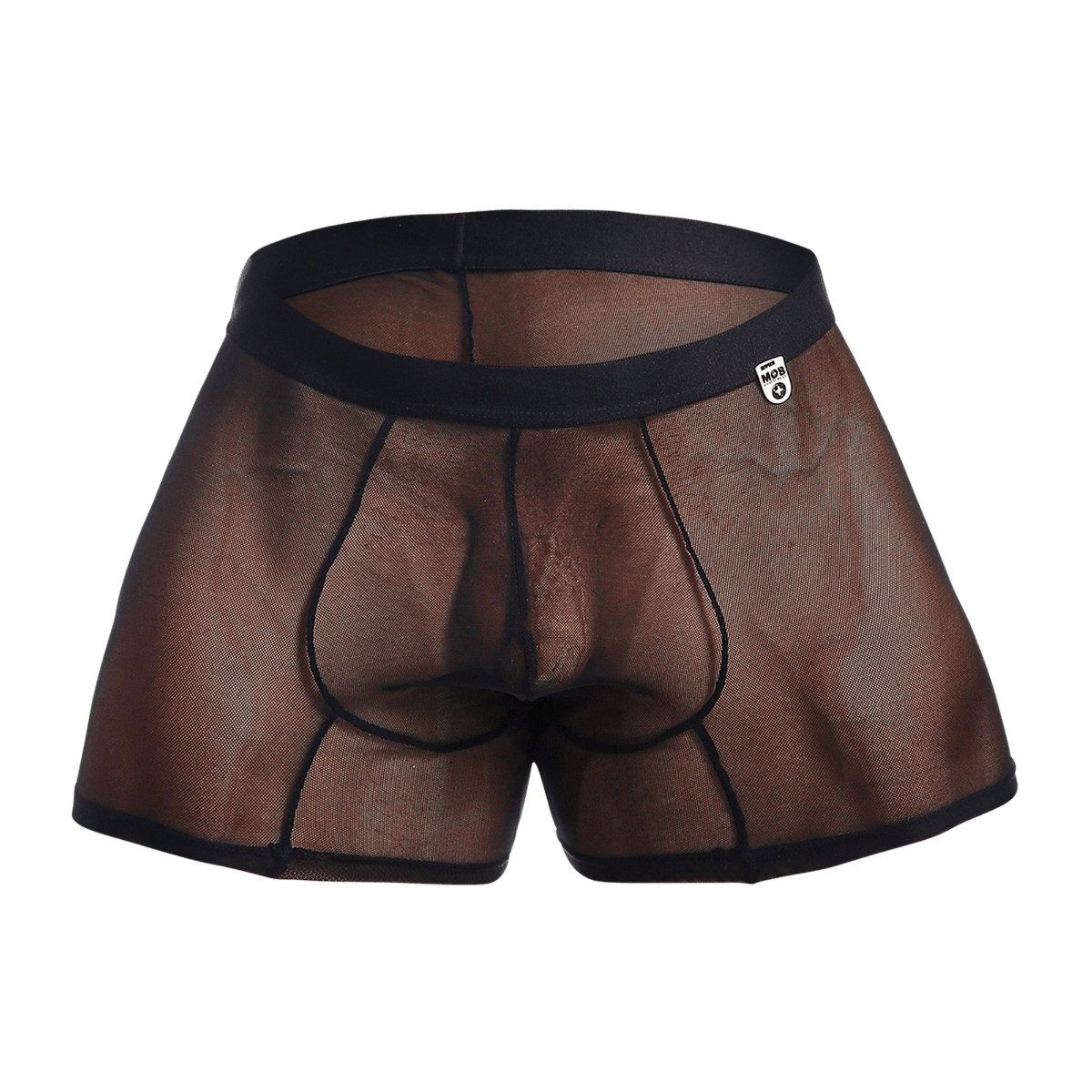 Black mesh men’s boxer brief with solid black waistband and trim from mob mesh boxer collection