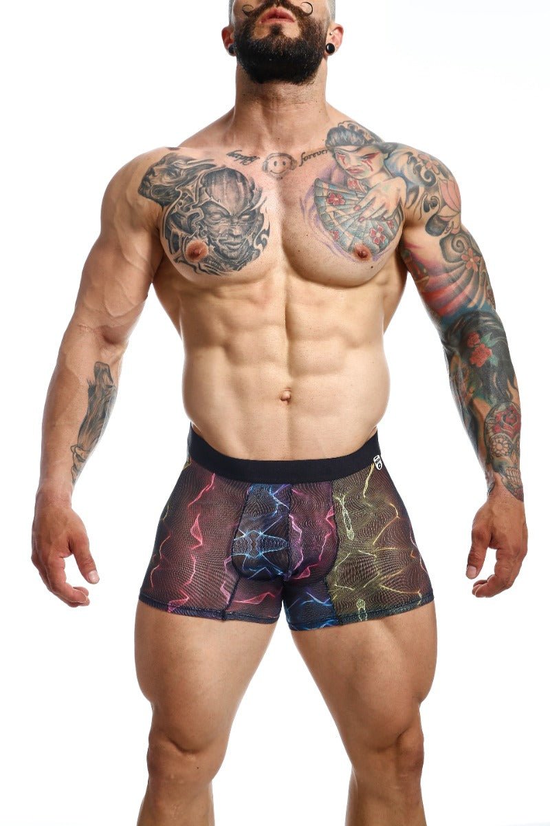 Black and multicolored lightning-patterned mesh boxer briefs mob mesh boxer with breathable fabric for active wear