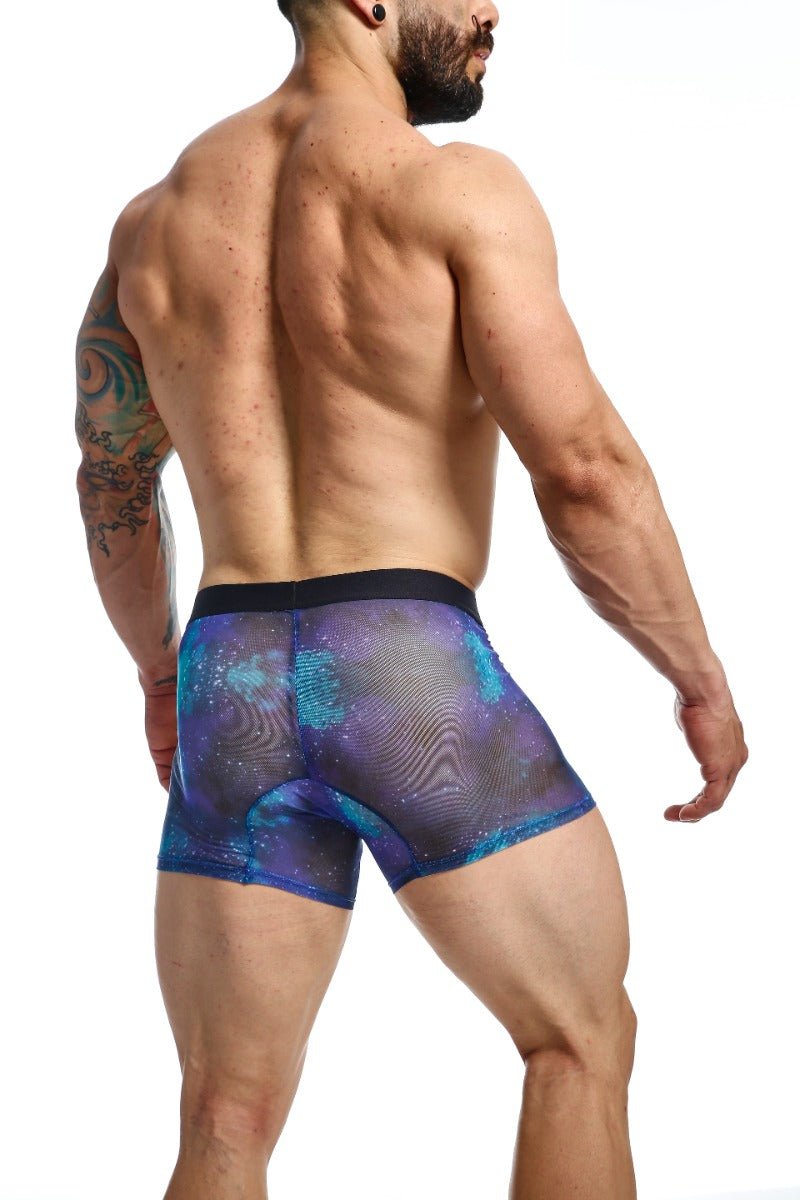 MOB mesh boxer briefs in blue and purple galaxy pattern with black waistband made from breathable mesh material