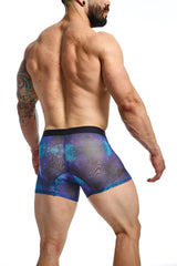 MOB mesh boxer briefs in blue and purple galaxy pattern with black waistband made from breathable mesh material