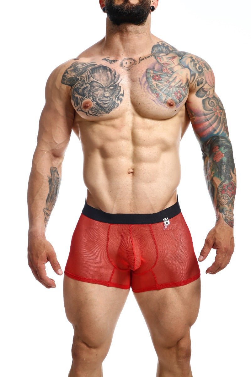 Red mesh boxer briefs with a black waistband from mob mesh boxer featuring breathable lightweight fabric