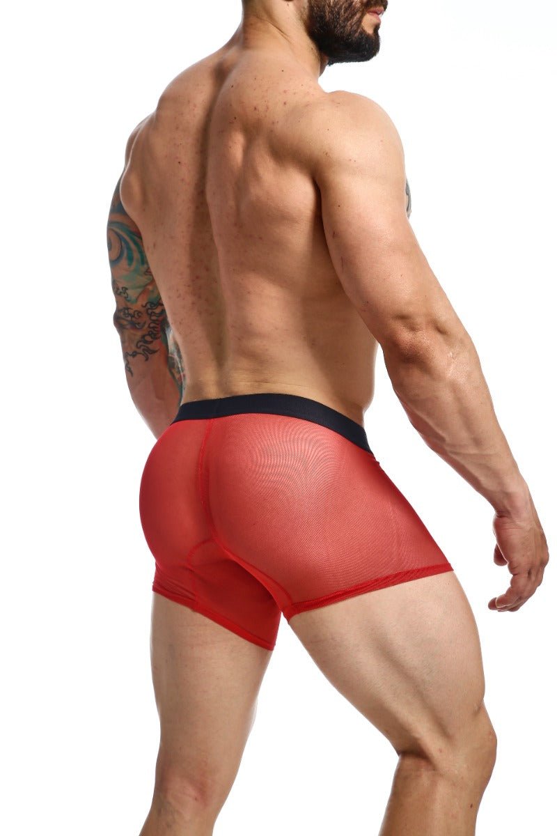 Red mesh boxer briefs with a black waistband from MOB mesh boxer featuring breathable fabric and bold design