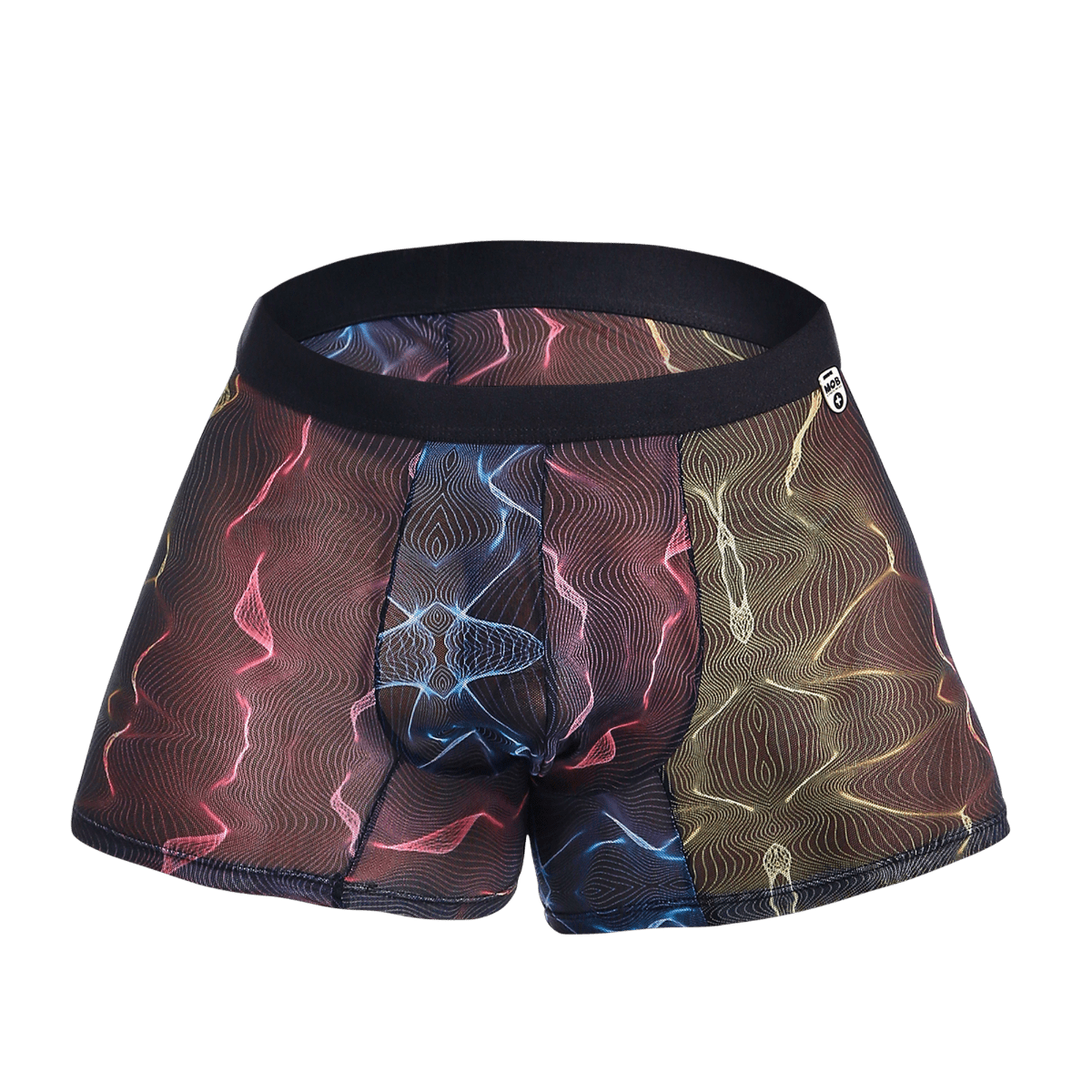 Vibrant multicolored mob mesh boxer briefs with abstract pink blue and gold wave pattern on sheer fabric with black waistband