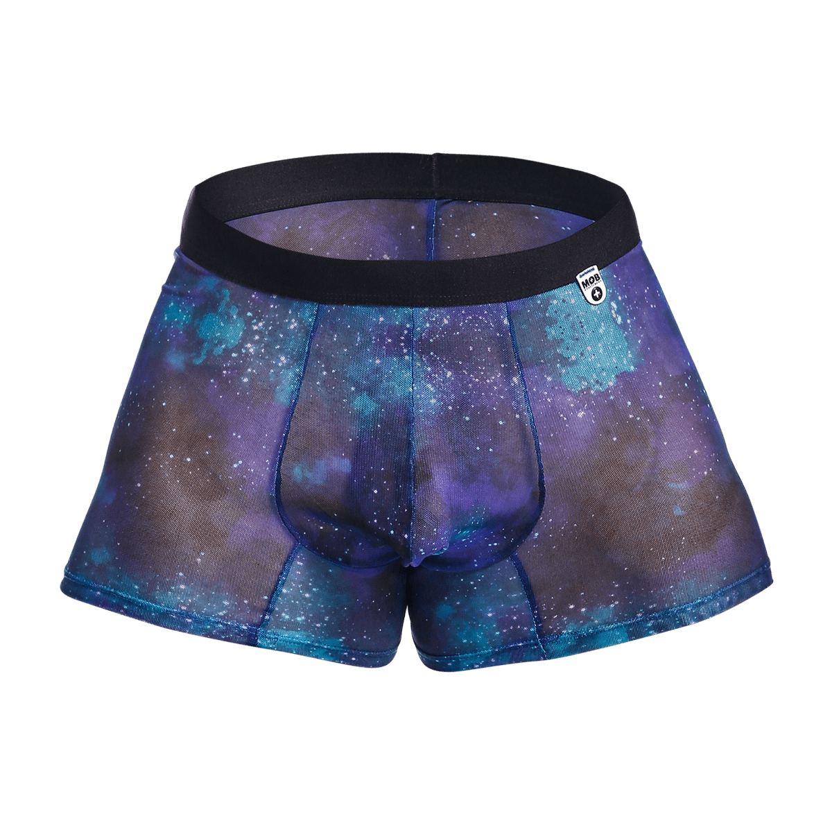 MOB mesh boxer briefs in purple and blue galaxy pattern with black elastic waistband for breathable comfort