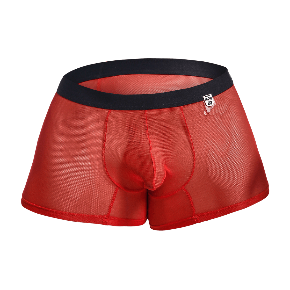 Red sheer mesh men’s boxer briefs with a black elastic waistband and white brand tag from MOB Mesh Boxer