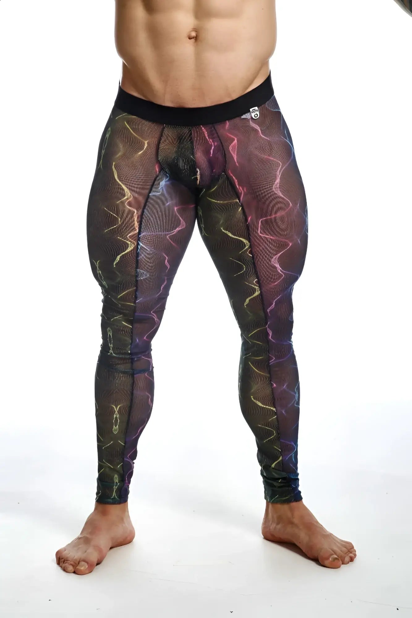 Mob mesh tights featuring black mesh leggings with vibrant iridescent purple pink and gold lightning bolt patterns